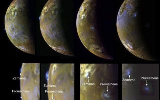 <h1>PIA01652:  Sequence Showing Active Volcanic Plumes on Io</h1><div class="PIA01652" lang="en" style="width:800px;text-align:left;margin:auto;background-color:#000;padding:10px;max-height:150px;overflow:auto;"><p>These four views of Jupiter's moon Io clearly show airborne plumes of gas and dust from two of Io's active volcanoes, Zamama and Prometheus. The bottom row consists of enlargements of the plume areas. The first view (left) depicts the tops of both plumes on Io's bright limb or edge. In the second image, an excellent view of Zamama on the bright limb reveals the umbrella-shaped structure. The third image also shows both plumes as bright spots against Io's illuminated crescent. In the fourth view (right) where the volcanic centers lie beyond the terminator (day-night boundary), the tall plumes are visible because they extend up into sunlight. The plumes have a height of about 100 kilometers (60 miles). Both plumes have been active throughout the Galileo tour of the Jovian system which began in 1996. Zamama, however, is considerably larger and brighter in these images from the spacecraft's eleventh orbit of Jupiter than when imaged previously. Prometheus was also active during 1979 flybys of NASA's Voyager spacecraft. There are two other much fainter plumes that can be detected on the bright limb of the third and fourth images. See if you can find them by changing the brightness levels of the images to enhance the dark regions.</p><p>North is to the top of the picture. To make the plumes easier to see, the colors have been enhanced by increasing the brightness at the blue end of the spectrum. Since the images shown were taken over an extended period of time, the resolutions range from 8 to 12 kilometers (5 to 7.5 miles) per picture element. The images were taken on November 7th and 8th, 1997by the Solid State Imaging (SSI) system on NASA's Galileo spacecraft at ranges in excess of 800,000 kilometers (500,000 miles).</p><p>The Jet Propulsion Laboratory, Pasadena, CA manages the Galileo mission for NASA's Office of Space Science, Washington, DC.</p><p>This image and other images and data received from Galileo are posted on the World Wide Web, on the Galileo mission home page at URL<a href="http://solarsystem.nasa.gov/galileo/" target="_blank">http://solarsystem.nasa.gov/galileo/</a>. Background information and educational context for the images can be found at <a href="http://www2.jpl.nasa.gov/galileo/sepo/" target="_blank">http://www.jpl.nasa.gov/galileo/sepo</a>.<br /><br /><a href="http://photojournal.jpl.nasa.gov/catalog/PIA01652" onclick="window.open(this.href); return false;" title="Voir l'image 	 PIA01652:  Sequence Showing Active Volcanic Plumes on Io	  sur le site de la NASA">Voir l'image 	 PIA01652:  Sequence Showing Active Volcanic Plumes on Io	  sur le site de la NASA.</a></div>