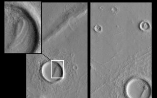 <h1>PIA01681:  Eroded Layered Material in Southwest Utopia Planitia</h1><div class="PIA01681" lang="en" style="width:800px;text-align:left;margin:auto;background-color:#000;padding:10px;max-height:150px;overflow:auto;"><p>Images from the Mars Global Surveyor (MGS) Mars Orbiter Camera (MOC) dramatically illustrate that many places on the red planet have outcrops of layered geologic materials. The two pictures above show the remains of layered material inside craters in southwestern Utopia Planitia (see inset for detailed view). These remnant layers indicate that the craters--and perhaps the plains that surround them--were once buried beneath a deposit that has since been eroded away. This theme of layered outcrops and exhumed craters appears to be one of the dominant observations that MGS MOC has made--to date--about Mars. The origin and composition of the layered material--and its ultimate fate once it was largely eroded away--are unknown.</p><p>Each of the two pictures shown here covers an area about 4 kilometers (2.5 miles) by 6.3 kilometers (3.9 miles). Illumination is from the lower right. These are subframes of a single MOC image acquired in July 1998 during the MGS Science Phasing Orbits imaging campaign. This figure was presented at the 30th Lunar and Planetary Science Conference in Houston, Texas, March 1999.</p><p>Malin Space Science Systems and the California Institute of Technology built the MOC using spare hardware from the Mars Observer mission. MSSS operates the camera from its facilities in San Diego, CA. The Jet Propulsion Laboratory's Mars Surveyor Operations Project operates the Mars Global Surveyor spacecraft with its industrial partner, Lockheed Martin Astronautics, from facilities in Pasadena, CA and Denver, CO.<br /><br /><a href="http://photojournal.jpl.nasa.gov/catalog/PIA01681" onclick="window.open(this.href); return false;" title="Voir l'image 	 PIA01681:  Eroded Layered Material in Southwest Utopia Planitia	  sur le site de la NASA">Voir l'image 	 PIA01681:  Eroded Layered Material in Southwest Utopia Planitia	  sur le site de la NASA.</a></div>