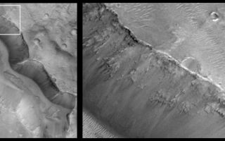 <h1>PIA01682:  Layers in Cratered Highland Crust Exposed by Tagus Vallis</h1><div class="PIA01682" lang="en" style="width:800px;text-align:left;margin:auto;background-color:#000;padding:10px;max-height:150px;overflow:auto;"><p>Mars Orbiter Camera (MOC)<a href="http://www.msss.com/mars/global_surveyor/camera/images/MENUS/marineris_list.html">images of the Valles Marineris chasm walls</a> obtained early in the Mars Global Surveyor (MGS) mission demonstrated that the upper martian crust--at least in the location of the Valles Marineris--is layered down to depths of several kilometers/miles. Over the past year, examination of additional MGS MOC images of other parts of Mars--including the vast, heavily cratered terrains of the red planet--also exhibit a layered crust. On Earth, geologists use the composition, texture, and sequence of layered rocks to decipher clues about the planet's history. Mars might offer a similar opportunity.</p><p>Shown here is a picture of Tagus Vallis in the martian southern hemisphere. The picture on the left shows this valley in a view that is about 7 kilometers (4.4 miles)wide by 11 kilometers (6.8 miles) high. Tagus Vallis is the deep, steep-walled valley that runs almost diagonally from upper left to lower right. The white box shows the location of the magnified view of the valley walls on the right. Layered rock can be seen, exposed in the upper slopes of the valley. Bright sand dunes are visible on the valley floor (lower left) and on the upland plain (upper right).</p><p>In this picture, the illumination is from the upper right. This image was obtained in April 1998 during the MGS Science Phasing Orbits imaging campaign. This result was presented at the 30th Lunar and Planetary Science Conference in Houston,Texas, March 1999.</p><p>Malin Space Science Systems and the California Institute of Technology built the MOC using spare hardware from the Mars Observer mission. MSSS operates the camera from its facilities in San Diego, CA. The Jet Propulsion Laboratory's Mars Surveyor Operations Project operates the Mars Global Surveyor spacecraft with its industrial partner, Lockheed Martin Astronautics, from facilities in Pasadena, CA and Denver, CO.</p><br /><br /><a href="http://photojournal.jpl.nasa.gov/catalog/PIA01682" onclick="window.open(this.href); return false;" title="Voir l'image 	 PIA01682:  Layers in Cratered Highland Crust Exposed by Tagus Vallis	  sur le site de la NASA">Voir l'image 	 PIA01682:  Layers in Cratered Highland Crust Exposed by Tagus Vallis	  sur le site de la NASA.</a></div>