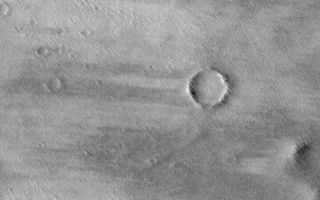 <h1>PIA01690:  Wind Streaks on Daedalia Planum</h1><div class="PIA01690" lang="en" style="width:800px;text-align:left;margin:auto;background-color:#000;padding:10px;max-height:150px;overflow:auto;"><p>Daedalia Planum is a broad, wind-swept volcanic plain southwest of the Arsia Mons volcano. Since the 1972 Mariner 9 mission, this region has been known to have many wind streaks formed in the lee of obstacles (i.e., downwind of craters and hills) as wind blows loose sediment through the region. Here, the wind streaks are a combination of bright surfaces (where sand and/or dust has accumulated) and dark surfaces (where sand and/or dust has been removed). The streaks indicate wind blowing from right to left. Other evidence of wind action is found in the form of many parallel ridges and grooves that run diagonally across the scene--these probably formed by wind erosion at an earlier time when the wind was blowing from a direction different from that indicated by the bright and dark streaks. This picture was taken by the Mars Orbiter Camera (MOC) onboard the Mars Global Surveyor (MGS) and is illuminated from the left. The picture covers an area about 7.6 km (4.7 miles) by 9.3 km (5.8 miles).</p><p>Malin Space Science Systems and the California Institute of Technology built the MOC using spare hardware from the Mars Observer mission. MSSS operates the camera from its facilities in San Diego, CA. The Jet Propulsion Laboratory's Mars Surveyor Operations Project operates the Mars Global Surveyor spacecraft with its industrial partner, Lockheed Martin Astronautics, from facilities in Pasadena, CA and Denver, CO.</p><br /><br /><a href="http://photojournal.jpl.nasa.gov/catalog/PIA01690" onclick="window.open(this.href); return false;" title="Voir l'image 	 PIA01690:  Wind Streaks on Daedalia Planum	  sur le site de la NASA">Voir l'image 	 PIA01690:  Wind Streaks on Daedalia Planum	  sur le site de la NASA.</a></div>