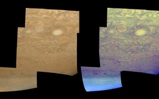 <h1>PIA02098:  Clouds and Hazes of Jupiter's Southern Hemisphere</h1><div class="PIA02098" lang="en" style="width:800px;text-align:left;margin:auto;background-color:#000;padding:10px;max-height:150px;overflow:auto;"><p>The clouds and hazes of Jupiter's southern hemisphere, in the region between 25 degrees south latitude and the pole, are shown in approximately true color (left mosaic) and in false color (right mosaic). The false color is used to reveal the heights and thicknesses of Jupiter's clouds. The images were taken by NASA's Galileo spacecraft.</p><p>The clouds visible in these mosaics are being folded and sheared by Jupiter's winds, like cream in a cup of coffee. The upper part of the mosaics sports a pair of vortices, one rotating clockwise (left) and one rotating counterclockwise (right). Each is about 3500 kilometers (2170 miles) in their north-south dimension. North is toward the top of the mosaics.</p><p>The bright spots near the top edge may be places where new cloud material is forming, perhaps analogous to huge convective storms on Earth, complete with lightning. Near Jupiter's pole, the cloud features become increasingly obscured by a "polar cap" of high-altitude haze thought to form from the chemical byproducts of auroral activity.</p><p>The left mosaic combines violet (410 nanometers) and near-infrared (756 nanometers) images to create a mosaic similar to how Jupiter would appear to human eyes. The different colors are due to the composition and abundance of trace chemicals in Jupiter's atmosphere. The right mosaic uses Galileo's camera's three near-infrared (beyond the visible range) wavelengths (756 nanometers, 727 nanometers, and 889 nanometers) displayed in red, green, and blue) to show variations in cloud height and thickness. Light blue clouds are high and thin, reddish clouds are deep, and white clouds are high and thick. Galileo's camera is the first to distinguish cloud heights on Jupiter.</p><p>The mosaics are projected on a spheroid. The smallest resolved features are tens of kilometers in size. The images used were taken on May 7, 1997, at a range of 1.2 million kilometers (746,000 miles) by the Solid State Imaging (SSI) system on NASA's Galileo spacecraft during its eighth orbit of Jupiter.</p><p>The Jet Propulsion Laboratory, Pasadena, CA manages the Galileo mission for NASA's Office of Space Science, Washington, DC.</p><p>This image and other images and data received from Galileo are posted on the World Wide Web, on the Galileo mission home page at URL <a href="http://solarsystem.nasa.gov/galileo/" target="_blank">http://solarsystem.nasa.gov/galileo/</a>. Background information and educational context for the images can be found at URL <a href="http://www2.jpl.nasa.gov/galileo/sepo/" target="_blank">http://www.jpl.nasa.gov/galileo/sepo</a><br /><br /><a href="http://photojournal.jpl.nasa.gov/catalog/PIA02098" onclick="window.open(this.href); return false;" title="Voir l'image 	 PIA02098:  Clouds and Hazes of Jupiter's Southern Hemisphere	  sur le site de la NASA">Voir l'image 	 PIA02098:  Clouds and Hazes of Jupiter's Southern Hemisphere	  sur le site de la NASA.</a></div>