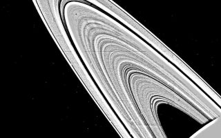 <h1>PIA02227:  Two-image mosaic of Saturn's rings</h1><div class="PIA02227" lang="en" style="width:800px;text-align:left;margin:auto;background-color:#000;padding:10px;max-height:150px;overflow:auto;">This computer-assembled two-image mosaic of Saturn's rings, taken by NASA's Voyager 1 on Nov. 6, 1980 at a range of 8 million kilometers (5 million miles), shows approximately 95 individual concentric features in the rings. The extraordinarily complex structure of the rings is easily seen across the entire span of the ring system. The ring structure, once thought to be produced by the gravitational interaction between Saturn's satellites and the orbit of ring particles, has now been found to be too complex for this explanation alone. The 14th satellite of Saturn, discovered by Voyager 1, is seen (upper left) just inside the narrow F-ring, which is less than 150 kilometers (93 miles wide). The Voyager Project is managed for NASA by the Jet Propulsion Laboratory, Pasadena, Calif.<br /><br /><a href="http://photojournal.jpl.nasa.gov/catalog/PIA02227" onclick="window.open(this.href); return false;" title="Voir l'image 	 PIA02227:  Two-image mosaic of Saturn's rings	  sur le site de la NASA">Voir l'image 	 PIA02227:  Two-image mosaic of Saturn's rings	  sur le site de la NASA.</a></div>