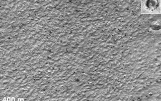 <h1>PIA02312:  Mars Polar Lander Site Surface Details</h1><div class="PIA02312" lang="en" style="width:672px;text-align:left;margin:auto;background-color:#000;padding:10px;max-height:150px;overflow:auto;"><p>This picture is an enlargement of a portion of a MOC image taken in late July 1999, showing the onset of defrosting of the seasonal carbon dioxide frost cap (small, occasionally fan-shaped dark spots seen throughout this image). Two craters are seen in this image, a very rare occurrence on the south polar layered deposits. Shown for comparison at the same scale is a picture of Jack Murphy (now Qualcomm) Stadium in San Diego, California. Clearly visible in the inset is the baseball diamond and pitcher's mound; less clear but certainly visible are a number of automobiles (small light dots) in the parking lot west (to the left) of the stadium. The elevation of the sun in the Mars image is about 10°; the sunlight is coming from the bottom (north) in this image. The shadow of the rims of the craters can be used to determine their depths. The smaller crater in the bottom right corner is about 60 m (197 feet) across and 7 m (23 feet) deep; the large crater just below the inset is 175 m (574 feet) across and 17 m (56 feet) deep. Similar calculations for other features in the images indicate that much of the surface is smooth and flat. Relief is typically much less than 1-2 meters (3-7 feet) in height over areas of 10-15 meters across (33-49 feet).</p><p>Malin Space Science Systems and the California Institute of Technology built the MOC using spare hardware from the Mars Observer mission. MSSS operates the camera from its facilities in San Diego, CA. The Jet Propulsion Laboratory's Mars Surveyor Operations Project operates the Mars Global Surveyor spacecraft with its industrial partner, Lockheed Martin Astronautics, from facilities in Pasadena, CA and Denver, CO.</p><br /><br /><a href="http://photojournal.jpl.nasa.gov/catalog/PIA02312" onclick="window.open(this.href); return false;" title="Voir l'image 	 PIA02312:  Mars Polar Lander Site Surface Details	  sur le site de la NASA">Voir l'image 	 PIA02312:  Mars Polar Lander Site Surface Details	  sur le site de la NASA.</a></div>