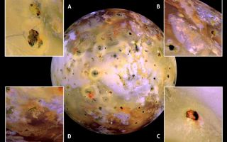 <h1>PIA02319:  Closeups of Io (false color)</h1><div class="PIA02319" lang="en" style="width:800px;text-align:left;margin:auto;background-color:#000;padding:10px;max-height:150px;overflow:auto;"><p>NASA's Galileo spacecraft acquired its highest resolution images of Jupiter's volcanic moon Io on July 3, 1999 during its closest pass by Io since it entered orbit around Jupiter in December 1995. This color mosaic uses the near-infrared, green and violet filters (slightly more than the visible range) of the spacecraft's camera, processed to enhance more subtle color variations. Most of Io's surface has pastel colors, punctuated by black, brown, green, orange, and red areas near the active volcanic centers.</p><p>The improved resolution reveals small-scale color areas which were not recognized previously and which suggest that the lava and sulfurous deposits are composed of complex mixtures (close-up A). Some of the bright, whitish, high-latitude (near the top and bottom) deposits have an ethereal quality like a transparent covering of frost (close-up B). Bright red areas were seen in previous images only as diffuse deposits. However, they now appear as both diffuse deposits and sharp linear features like fissures (close-up C). Some volcanic centers have bright and colorful flows, perhaps due to flows of sulfur (rather than silicate) lava (close-up D). In this region of Io, bright, white material can also be seen to emanate from linear rifts and cliffs.</p><p>Comparison of this mosaic to <a href="http://www2.jpl.nasa.gov/galileo/sepo/" target="_blank">http://www.jpl.nasa.gov/galileo/sepo</a>./atjup/io/color.html">previous Galileo images</a> reveals many changes due to ongoing volcanic activity.</p><p>Galileo is scheduled to make two close passes of Io in October and November. Most of the high-resolution targets for these flybys are seen on the hemisphere shown here.</p><p>North is to the top of the picture, and the Sun illuminates the surface from almost directly behind the spacecraft. This illumination is good for imaging color variations, but poor for imaging topographic shading. However, some topographic shading can be seen here due to the combination of relatively high resolution (1.3 kilometers or 0.8 miles per picture element) and rugged topography over parts of Io. The mosaic is centered at 0.3 degrees north latitude and 137.5 degrees west longitude. The images were taken at a distance of about 130,000 kilometers (81,000 miles) by Galileo's onboard solid state imaging camera.</p><p>The Jet Propulsion Laboratory, Pasadena, CA manages the Galileo mission for NASA's Office of Space Science, Washington, DC.</p><p>This image and other images and data received from Galileo are posted on the World Wide Web at URL <a href="http://solarsystem.nasa.gov/galileo/" target="_blank">http://solarsystem.nasa.gov/galileo/</a>. Background information and educational context for the images can be found at <a href="http://www2.jpl.nasa.gov/galileo/sepo/" target="_blank">http://www.jpl.nasa.gov/galileo/sepo</a><br /><br /><a href="http://photojournal.jpl.nasa.gov/catalog/PIA02319" onclick="window.open(this.href); return false;" title="Voir l'image 	 PIA02319:  Closeups of Io (false color)	  sur le site de la NASA">Voir l'image 	 PIA02319:  Closeups of Io (false color)	  sur le site de la NASA.</a></div>