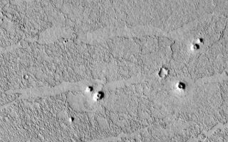 <h1>PIA02341:  Possible Rootless Cones or Pseudo craters on Mars</h1><div class="PIA02341" lang="en" style="width:527px;text-align:left;margin:auto;background-color:#000;padding:10px;max-height:150px;overflow:auto;"><p></p><p>High-resolution images from the Mars Global Surveyor (MGS) Mars Orbiter Camera (MOC) have revealed small cone-shaped structures on lava flows in southern Elysium Planitia, Marte Valles, and northwestern Amazonis Planitia in the northern hemisphere of the red planet. The most likely interpretation of these cones is that they may be volcanic features known as "pseudo craters" or "rootless cones." They share several key characteristics with pseudo craters on Earth: they are distributed in small clusters independent of structural patterns, are superimposed on fresh lava flows, and they do not appear to have erupted lavas themselves. <br><br>The white box in the picture above left shows the location of one of the MOC images of possible pseudocraters on Mars. The white box is drawn upon a MOC red wide angle context image acquired at the same time as the high resolution view, shown on the right above. Located in northwestern Amazonis Planitia near 24.8°N, 171.3°W, both the context image and high-resolution view are illuminated from the lower left. The high resolution view shows several possible pseudocraters (cone-shaped features with holes or pits at their summits) that occur on top of a rough-textured lava plain. The context frame covers an area 115 km (71 mi) across, the high-resolution view is 3 km (1.9 mi) across.<br><br>Pseudocraters form by explosions due to the interaction of molten lava with a water-rich surface. Possible martian pseudocraters are of interest because they may mark the locations of shallow water or ice at the time the lava was emplaced. <br><br>Viking Orbiter images have shown structures in other regions of Mars that were interpreted to be pseudocraters, but the interpretations were uncertain because the morphology was poorly resolved, it was unclear if they occurred on volcanic surfaces, and they have diameters as much as a factor of 3 larger than terrestrial pseudocraters. The cone-shaped morphology is well resolved in the cones imaged by MOC, and they have basal diameters of less than 250 m (273 yards), consistent with terrestrial examples. The cones rest on a surface with a distinctive morphology consisting of ridged plates that have rafted apart, which MOC team members have interpreted as the surface of voluminous lava flows. <br><br>The surface shown here (above right) looks relatively fresh and has very few impact craters on it, which suggests that the lava flows and the cones are both geologically young. However, MOC images in other areas reveal such apparently young surfaces being exhumed (presumably by wind erosion) from beneath a blanket of overlying material. Impact processes may harden the blanket, or cover it with materials that cannot be removed by wind, so the wind erosion leaves behind elevated "pedestalcraters." The cones shown here are not typical of pedestal craters, but it is important to consider this alternative interpretation.<br><br>MGS MOC first began taking pictures of Mars in mid-September 1997. The planet that has been revealed by this camera is often strange, new, and exciting. The possibility that lava and water or ice have interacted to create features like pseudocraters indicates that Mars has had a diverse and complex past that researchers are only just beginning to understand.<br /><br /><a href="http://photojournal.jpl.nasa.gov/catalog/PIA02341" onclick="window.open(this.href); return false;" title="Voir l'image 	 PIA02341:  Possible Rootless Cones or Pseudo craters on Mars	  sur le site de la NASA">Voir l'image 	 PIA02341:  Possible Rootless Cones or Pseudo craters on Mars	  sur le site de la NASA.</a></div>