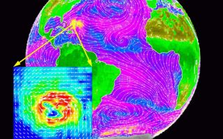 <h1>PIA02455:  SeaWinds Global Coverage with Detail of Hurricane Floyd</h1><div class="PIA02455" lang="en" style="width:800px;text-align:left;margin:auto;background-color:#000;padding:10px;max-height:150px;overflow:auto;"><p>The distribution of ocean surface winds over the Atlantic Ocean, based on September 1999 data from NASA's SeaWinds instrument on the QuikScat satellite, shows wind direction (white streamlines) at a resolution of 25 kilometers (15.5 miles), superimposed on the color image indicating wind speed.<p>Over the ocean, the strong (seen in violet) trade winds blow steadily from the cooler subtropical oceans to warm waters just north of the equator. The air rises over these warm waters and sinks in the subtropics at the horse latitudes. Low wind speeds are indicated in blue. In the mid-latitudes, the high vorticity caused by the rotation of the Earth generates the spirals of weather systems. The North Atlantic is dominated by a high-pressure system, whose anti-cyclonic (clockwise) flow creates strong winds blowing parallel to the coast of Spain and Morocco. This creates strong ocean upwelling and cold temperature. Hurricane Floyd, with its high winds (yellow), is clearly visible west of the Bahamas. Tropical depression Gert is seen as it was forming in the tropical mid-Atlantic (as an anti-clockwise spiral); it later developed into a full-blown hurricane.<p>Because the atmosphere is largely transparent to microwaves, SeaWinds is able to cover 93 percent of the global oceans, under both clear and cloudy conditions, in a single day, with the capability of a synoptic view of the ocean. The high resolution of the data also gives detailed description of small and intense weather systems, like Hurricane Floyd. The image in the insert is based on data specially produced at 12.5 kilometers (7.7 miles). In the insert, white arrows of wind vector are imposed on the color image of wind speed. The insert represents a 3-degree area occupied by Hurricane Floyd. After these data were acquired, Hurricane Floyd turned north. Its strength and proximity to the Atlantic coast of the U.S. caused the largest evacuation of citizens in U.S. history. Its landfall on September 16, 1999 resulted in severe flooding and devastation in the Carolinas. The high-resolution SeaWinds data provided an opportunity to monitor and study this hurricane.<p>NASA's Earth Science Enterprise is a long-term research and technology program designed to examine Earth's land, oceans, atmosphere, ice and life as a total integrated system. JPL is a division of the California Institute of Technology, Pasadena, CA.<br /><br /><a href="http://photojournal.jpl.nasa.gov/catalog/PIA02455" onclick="window.open(this.href); return false;" title="Voir l'image 	 PIA02455:  SeaWinds Global Coverage with Detail of Hurricane Floyd	  sur le site de la NASA">Voir l'image 	 PIA02455:  SeaWinds Global Coverage with Detail of Hurricane Floyd	  sur le site de la NASA.</a></div>