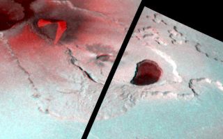 <h1>PIA02552:  Stereo Image of Tvashtar Catena, Io</h1><div class="PIA02552" lang="en" style="width:800px;text-align:left;margin:auto;background-color:#000;padding:10px;max-height:150px;overflow:auto;"><p>This stereo image illustrates the topography of the Tvashtar Catena region on Jupiter's moon Io. It was created by combining two different views of Tvashtar taken by NASA's Galileo spacecraft on November 25,1999 (shown in red) and February 22, 2000 (shown in blue).</p><p>A raised plateau surrounds the volcanic depression, or caldera, in the center of the image. To the northeast of the main caldera, the plateau's inner and outer margins are scalloped, which may indicate that a process called sapping is eroding them. Sapping occurs when fluid escapes from the base of a cliff, causing the material above it to collapse. Smaller calderas have formed in the floor of the main caldera. This nesting of calderas is also observed on Earth, at Kilauea in Hawaii. (The two bright red regions toward the upper left of this image, which are roughly triangular in shape, are the areas where the earlier image was overexposed by the brightness of hot lava fountains).</p><p>Galileo scientists are in the process of generating topographic maps from these images. Such maps will reveal the heights and slopes of different landforms in this region, which will help scientists determine the strength and other properties, of Io's surface materials. They will also be useful in understanding the processes of uplift and erosion on Io.</p><p>The picture is centered at 59 degrees north latitude and 121 degrees west longitude. North is to the top of the picture and the Sun illuminates the surface from the lower left. The observations used to make the stereo image were made at ranges of 18,000 and 34,500 kilometers (11,400 and 21,600 miles) from Io. The resolution of the stereo image is about 320 meters (350 yards) per picture element.</p><p>The Jet Propulsion Laboratory, Pasadena, CA manages the Galileo mission for NASA's Office of Space Science, Washington, DC. JPL is a division of the California Institute of Technology, Pasadena, CA.</p><p>This image and other images and data received from Galileo are posted on the Galileo mission home page at <a href="http://solarsystem.nasa.gov/galileo/" target="_blank">http://solarsystem.nasa.gov/galileo/</a>. Background information and educational context for the images can be found at <a href="http://solarsystem.nasa.gov/planets/profile.cfm?Object=Jup_Io" target="_blank">http://galileo.jpl.nasa.gov/gallery/io.cfm</a>.</p><br /><br /><a href="http://photojournal.jpl.nasa.gov/catalog/PIA02552" onclick="window.open(this.href); return false;" title="Voir l'image 	 PIA02552:  Stereo Image of Tvashtar Catena, Io	  sur le site de la NASA">Voir l'image 	 PIA02552:  Stereo Image of Tvashtar Catena, Io	  sur le site de la NASA.</a></div>