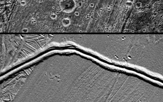 <h1>PIA02574:  Ganymede feature resembling Europa</h1><div class="PIA02574" lang="en" style="width:704px;text-align:left;margin:auto;background-color:#000;padding:10px;max-height:150px;overflow:auto;"><p>This frame compares a high-resolution view of Arbela Sulcus on Jupiter's moon Ganymede (top) with the gray band Thynia Linea on another Jovian moon, Europa (bottom), shown to the same scale. Both images are from NASA's Galileo spacecraft.</p><p>Arbela Sulcus is one of the smoothest lanes of bright terrain identified on Ganymede, but subtle striations are apparent here along its length. This section of Arbela contrasts markedly from highly fractured terrain to its west and dark terrain to its east.</p><p>On Europa, gray bands such as Thynia Linea have formed by tectonic crustal spreading and renewal. Such bands have sliced through and completely separated pre-existing features in the surrounding bright, ridged plains. The younger prominent double ridge Delphi Flexus cuts across Thynia Linea. The scarcity of craters on Europa attests to the relative youth of its surface compared to Ganymede's.</p><p>Unusual for Ganymede, it is possible that Arbela Sulcus has formed by complete separation of Ganymede's icy crust, like bands on Europa. Tests of this idea come from detailed comparisons of their internal shapes and the relationships to the surrounding structures.</p><p>In the Ganymede image, north is to the top of the picture and the Sun illuminates the surface from the west. The image, centered at -15degrees latitude and 347 degrees longitude, covers an area approximately 34 by 26 kilometers (21 by 16 miles). The resolution is 34 meters (112 feet) per picture element. The image was taken on May 20, 2000, at a range of 3,370 kilometers (2,094 miles).</p><p>In the Europa image, north is to the upper-right of the picture and the Sun illuminates the surface from the northwest. The image, centered at-66 degrees latitude and 161 degrees longitude, covers an area approximately 44 by 46 kilometers (27 by 29 miles). The resolution is 45 meters (147 feet) per picture element. The image was taken on September 26, 1998, at a range of 3,817 kilometers (2,371 miles).</p><p>This image and other images and data received from Galileo are posted on the Galileo mission home page at <a href="http://www.jpl.nasa.gov/galileo">http://www.jpl.nasa.gov/galileo</a>. Background information and educational context for the images can be found at <a href="http://www2.jpl.nasa.gov/galileo/sepo/" target="_blank">http://www.jpl.nasa.gov/galileo/sepo</a><p>The Jet Propulsion Laboratory, a division of the California Institute of Technology in Pasadena, manages the Galileo mission for NASA's Office of Space Science, Washington, D.C.</p><p>This image was produced by DLR (German Aerospace Center), Berlin, and Brown University, Providence, R.I., <a href="http://solarsystem.dlr.de/">http://solarsystem.dlr.de/</a> and<a href="http://www.planetary.brown.edu/">http://www.planetary.brown.edu/</a>.</p><br /><br /><a href="http://photojournal.jpl.nasa.gov/catalog/PIA02574" onclick="window.open(this.href); return false;" title="Voir l'image 	 PIA02574:  Ganymede feature resembling Europa	  sur le site de la NASA">Voir l'image 	 PIA02574:  Ganymede feature resembling Europa	  sur le site de la NASA.</a></div>