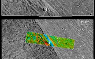 <h1>PIA02579:  Bright-dark boundary and topographical model</h1><div class="PIA02579" lang="en" style="width:800px;text-align:left;margin:auto;background-color:#000;padding:10px;max-height:150px;overflow:auto;"><p>These images, taken by NASA's Galileo spacecraft on its May 20, 2000, flyby of Jupiter's moon Ganymede, illustrate the boundary and different elevations between the dark, ancient terrain of Nicholson Regio (left) and bright, younger terrain of Harpagia Sulcus (right.) The bottom image is a wide view of the boundary, and the top image is an enlargement of the colorized strip.</p><p>An important goal of Galileo's Ganymede encounter was to understand the nature of the boundary between ancient, dark terrain and younger, bright terrain. The camera was aimed at the boundary to obtain both very high-resolution images (top) and medium-resolution context images(bottom). Color-coded elevations are indicated relative to the average elevation of the sampled area, with high elevation marked in red, and low in blue. Combining the two image mosaics allows scientists to derive a detailed description of the region from the overlap. The data shows that there are approximately 200 meters (about 650 feet) of topographic relief within the bright terrain here, and a deep depression marks the boundary between bright and dark terrains.</p><p>North is to the top of the pictures. The Sun illuminates the surface from the left. The larger image, centered at ?14 degrees latitude and 319 degrees longitude, covers an area approximately 213 by 97 kilometers(132 by 60 miles.) The resolution of the high-resolution image is 20 meters (about 65 feet) per picture element, and the context image is at 121 meters (397 feet) per picture element. The higher resolution image was taken at a range of 2000 kilometers (over 1,200 miles).</p><p>The Jet Propulsion Laboratory, Pasadena, Calif., manages the Galileo mission for NASA's Office of Space Science, Washington, D.C. JPL is a division of the California Institute of Technology in Pasadena.</p><p>This image and other images and data received from Galileo are posted on the Galileo mission home page at http://www.jpl.nasa.gov/galileo . The images were produced by the German Aerospace Center (DLR)<a href="http://solarsystem.dlr.de/">http://solarsystem.dlr.de/</a>, and Brown University,<a href="http://www.planetary.brown.edu/">http://www.planetary.brown.edu/</a>. Background information and educational context for the images can be found at <a href="http://www2.jpl.nasa.gov/galileo/sepo/" target="_blank">http://www.jpl.nasa.gov/galileo/sepo</a>.<br /><br /><a href="http://photojournal.jpl.nasa.gov/catalog/PIA02579" onclick="window.open(this.href); return false;" title="Voir l'image 	 PIA02579:  Bright-dark boundary and topographical model	  sur le site de la NASA">Voir l'image 	 PIA02579:  Bright-dark boundary and topographical model	  sur le site de la NASA.</a></div>