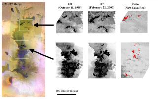 <h1>PIA02585:  Amirani's Big Lava Flow on Io</h1><div class="PIA02585" lang="en" style="width:800px;text-align:left;margin:auto;background-color:#000;padding:10px;max-height:150px;overflow:auto;"><p>These images from NASA's Galileo spacecraft show changes in the largest active field lava flows in the solar system, the Amirani lava flow on Jupiter's moon Io. Scientists have identified 23 distinct new flows by comparing the two images taken 134 days apart, on Oct. 11, 1999, and Feb. 22, 2000.</p><p>The Amirani lava-flow field spans more than 300 kilometers (190 miles). Individual flows within it are each several kilometers or miles long, which is about the size of the entire active eruption on Kilauea, Hawaii. In total, the new lava flows at Amirani covered about 620square kilometers (240 square miles) of Io in less than five months. By comparison, Kilauea covered only about 10 square kilometers (4 square miles) in the same time. Amirani is huge even when compared to other Ionian lava flows: The Prometheus lava flow field covered only about 60square kilometers (24 square miles) during this time.</p><p>Galileo scientists are studying Amirani to understand how such large lava flows are created. The last eruption this size on Earth happened about 15 million years ago along the Columbia River in what is now the state of Washington. Many scientists thought that such long lava flows were formed in violent volcanic outbursts. However, the eruption observed at Amirani is relatively calm, despite the fact that over 100tons of lava are disgorged every second. Galileo's observations of Io indicate that huge, ancient lava flows on the Earth, such as the Columbia River flood basalts, could also have formed in relatively tranquil eruptions.</p><p>The color image on the left is a composite of black-and-white images collected on Feb. 22, 2000, at a resolution of 210 meters (690 feet) per picture element, and color images collected on June 30, 1999, at 1.3 kilometers (0.8 mile) per picture element. The white boxes and arrows show the locations of the areas analyzed in detail on the right. The left-hand pair of black-and-white images, labeled I24, are parts of a mosaic collected on Oct. 11, 1999, at 500 meters (550 yards) per picture element. The center pair of images, labeled I27, shows what the same areas looked like on Feb. 22, 2000. These later images are about twice as sharp as the earlier images, making some features that did not change appear crisper. In order to demonstrate the real changes, the I27 images were divided by the I24 images, producing the pair of ratio images on the right. The new dark lava that erupted between October 1999 and February 2000 has been highlighted in red.</p><p>Images and data received from Galileo are posted on the Galileo mission home page at <a href="http://solarsystem.nasa.gov/galileo/" class="external free" target="wpext">http://solarsystem.nasa.gov/galileo/</a>. Background information and educational context for the images can be found at <a href="http://solarsystem.nasa.gov/galileo/gallery/index.cfm" class="external free" target="wpext">http://solarsystem.nasa.gov/galileo/gallery/index.cfm</a>.</p><p>The Jet Propulsion Laboratory, a division of the California Institute of Technology in Pasadena, manages the Galileo mission for NASA's Office of Space Science, Washington, D.C.<br /><br /><a href="http://photojournal.jpl.nasa.gov/catalog/PIA02585" onclick="window.open(this.href); return false;" title="Voir l'image 	 PIA02585:  Amirani's Big Lava Flow on Io	  sur le site de la NASA">Voir l'image 	 PIA02585:  Amirani's Big Lava Flow on Io	  sur le site de la NASA.</a></div>