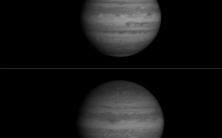 <h1>PIA02826:  Jupiter and Europa in Near Infrared</h1><div class="PIA02826" lang="en" style="width:800px;text-align:left;margin:auto;background-color:#000;padding:10px;max-height:150px;overflow:auto;"><p>These two images, taken by NASA's Cassini spacecraft, show Jupiter in a near-infrared wavelength, and catch Europa, one of Jupiter's largest moons, at different phases.<p>Cassini's narrow-angle camera took both images, the upper one from a distance of 69.9 million kilometers (43.4 million miles) on Oct. 17, 2000, and the lower one from a distance of 65.1 million kilometers (40.4 million miles) on Oct. 22, 2000. Both were taken at a wavelength of 727 nanometers, which is in the near-infrared region of the electromagnetic spectrum.<p>The camera's 727-nanometer filter accepts only a narrow spectral range centered on a relatively strong absorption feature due to methane gas. In this spectral region, the amount of light reflected by Jupiter's clouds is only half that reflected in a nearby spectral region outside the methane band. The features that are brightest in these images are the highest and thickest clouds, such as the Great Red Spot and the band of clouds girding the equator, as these scatter sunlight back to space before it has a chance to be absorbed by the methane gas in the atmosphere. This stratigraphic effect can be seen even more prominently in an image released on Oct. 23, 2000, taken in the stronger methane band at 889 nanometers, in which the only bright features are the highest hazes over the equator, the poles and the Great Red Spot. By comparing images taken in the 727 nanometer filter with others taken at 889 nanometers and at a weaker methane band at 619 nanometers, researchers will probe the heights and thickness of clouds in Jupiter's atmosphere.<p>Europa, a satellite of Jupiter about the size of Earth's Moon, is visible to the left of Jupiter in the upper image, and in front of the planet in the lower image. Another of Jupiter's Galilean satellites, Ganymede, which is larger than the planet Mercury, is to the right in the upper image, with brightness variations visible across its surface. In the upper image, Europa is caught entering Jupiter's shadow, and hence appears as a bright crescent; in the lower image, it is seen about one-and-a-half orbits later, in transit across the face of the planet. Because there is neither methane nor any strong absorber in this spectral region on the surface of Europa, it appears strikingly white and bright compared to Jupiter.<p>Imaging observations of the moons Europa, Io and Ganymede entering and passing through Jupiter's shadow are planned for the two-week period surrounding Cassini's closest approach on Dec. 30, 2000. The purpose of these eclipse observations is to detect and measure the variability of emissions that arise from the interaction of the satellites' tenuous atmospheres with the charged particles trapped in Jupiter's magnetic field.<p>At the times these images were taken, Cassini was about 3.3 degrees above Jupiter's equatorial plane, and the Sun-Jupiter-spacecraft angle was about 20 degrees.<p>Cassini is a cooperative project of NASA, the European Space Agency and the Italian Space Agency. The Jet Propulsion Laboratory, a division of the California Institute of Technology in Pasadena, Calif., manages the Cassini mission for NASA's Office of Space Science, Washington, D.C.<br /><br /><a href="http://photojournal.jpl.nasa.gov/catalog/PIA02826" onclick="window.open(this.href); return false;" title="Voir l'image 	 PIA02826:  Jupiter and Europa in Near Infrared	  sur le site de la NASA">Voir l'image 	 PIA02826:  Jupiter and Europa in Near Infrared	  sur le site de la NASA.</a></div>