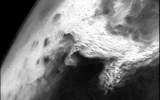 <h1>PIA02985:  Dust storm in the Thaumasia region of Mars</h1><div class="PIA02985" lang="en" style="width:800px;text-align:left;margin:auto;background-color:#000;padding:10px;max-height:150px;overflow:auto;">This Viking Orbiter 2 image shows a large dust storm over the Thaumasia region on Mars. This large disturbance soon grew into the first global dust storm observed by the Viking Orbiters. This image was taken at 9:00 local time near perihelion when heating of Mars is at a maximum. The image is at 1400 km across and north is at 1:00. (Viking Orbiter 176B02)<br /><br /><a href="http://photojournal.jpl.nasa.gov/catalog/PIA02985" onclick="window.open(this.href); return false;" title="Voir l'image 	 PIA02985:  Dust storm in the Thaumasia region of Mars	  sur le site de la NASA">Voir l'image 	 PIA02985:  Dust storm in the Thaumasia region of Mars	  sur le site de la NASA.</a></div>
