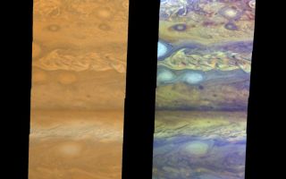 <h1>PIA03000:  Atmospheric Motion in Jupiter's Northern Hemisphere</h1><div class="PIA03000" lang="en" style="width:800px;text-align:left;margin:auto;background-color:#000;padding:10px;max-height:150px;overflow:auto;"><p>True-color (left) and false-color (right) mosaics of Jupiter's northern hemisphere between 10 and 50 degrees latitude. Jupiter's atmospheric motions are controlled by alternating eastward and westward bands of air between Jupiter's equator and polar regions. The direction and speed of these bands influences the color and texture of the clouds seen in this mosaic. The high and thin clouds are represented by light blue, deep clouds are reddish, and high and thick clouds are white. A high haze overlying a clear, deep atmosphere is represented by dark purple. This image was taken by NASA's Galileo spacecraft on April 3, 1997 at a distance of 1.4 million kilometers (.86 million miles).<br /><br /><a href="http://photojournal.jpl.nasa.gov/catalog/PIA03000" onclick="window.open(this.href); return false;" title="Voir l'image 	 PIA03000:  Atmospheric Motion in Jupiter's Northern Hemisphere	  sur le site de la NASA">Voir l'image 	 PIA03000:  Atmospheric Motion in Jupiter's Northern Hemisphere	  sur le site de la NASA.</a></div>