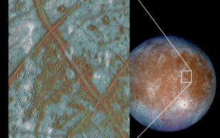 <h1>PIA03002:  Blocks in the Europan Crust Provide More Evidence of Subterranean Ocean</h1><div class="PIA03002" lang="en" style="width:800px;text-align:left;margin:auto;background-color:#000;padding:10px;max-height:150px;overflow:auto;"><p>The image on the left shows a region of Europa's crust made up of blocks which are thought to have broken apart and "rafted" into new positions. These features are the best geologic evidence to date that Europa may have had a subsurface ocean at some time in its past. Combined with the geologic data, the presence of a magnetic field leads scientists to believe an ocean is most likely present at Europa today. In this false color image, reddish-brown areas represent non-ice material resulting from geologic activity. White areas are rays of material ejected during the formation of the 25-km diameter impact crater Pwyll (see global view). Icy plains are shown in blue tones to distinguish possibly coarse-grained ice (dark blue) from fine-grained ice (light blue). Long, dark lines are ridges and fractures in the crust, some of which are more than 3,000 kilometers (1,850 miles) long. These images were obtained by NASA's Galileo spacecraft during September 7, 1996, December 1996, and February 1997 at a distance of 677,000 kilometers (417,489 miles).<br /><br /><a href="http://photojournal.jpl.nasa.gov/catalog/PIA03002" onclick="window.open(this.href); return false;" title="Voir l'image 	 PIA03002:  Blocks in the Europan Crust Provide More Evidence of Subterranean Ocean	  sur le site de la NASA">Voir l'image 	 PIA03002:  Blocks in the Europan Crust Provide More Evidence of Subterranean Ocean	  sur le site de la NASA.</a></div>