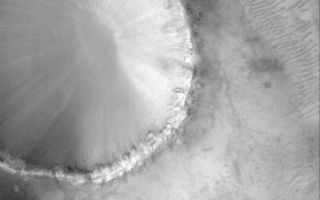 <h1>PIA03036:  Crater in Sabaeus</h1><div class="PIA03036" lang="en" style="width:410px;text-align:left;margin:auto;background-color:#000;padding:10px;max-height:150px;overflow:auto;"><p>12 October 2005<br />This Mars Global Surveyor (MGS) Mars Orbiter Camera (MOC) image shows a portion of an old impact crater in the Sinus Sabaeus region of Mars, just south of the large impact basin, Schiaparelli.<p>Location near: 6.3°S, 341.7°W  <br />Image width: width: ~3 km (~1.9 mi) <br />Illumination from: lower left <br />Season: Southern Spring</p><br /><br /><a href="http://photojournal.jpl.nasa.gov/catalog/PIA03036" onclick="window.open(this.href); return false;" title="Voir l'image 	 PIA03036:  Crater in Sabaeus	  sur le site de la NASA">Voir l'image 	 PIA03036:  Crater in Sabaeus	  sur le site de la NASA.</a></div>