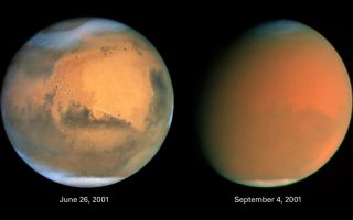 <h1>PIA03173:  Scientists Track "Perfect Storm" on Mars</h1><div class="PIA03173" lang="en" style="width:800px;text-align:left;margin:auto;background-color:#000;padding:10px;max-height:150px;overflow:auto;">Two dramatically different faces of our Red Planet neighbor appear in these comparison images showing how a global dust storm engulfed Mars with the onset of Martian spring in the Southern Hemisphere. When NASA's Hubble Space Telescope imaged Mars in June, the seeds of the storm were caught brewing in the giant Hellas Basin (oval at 4 o'clock position on disk) and in another storm at the northern polar cap.<p>When Hubble photographed Mars in early September, the storm had already been raging across the planet for nearly two months obscuring all surface features. The fine airborne dust blocks a significant amount of sunlight from reaching the Martian surface. Because the airborne dust is absorbing this sunlight, it heats the upper atmosphere. Seasonal global Mars dust storms have been observed from telescopes for over a century, but this is the biggest storm ever seen in the past several decades.<p>Mars looks gibbous in the right photograph because it is 26 million miles farther from Earth than in the left photo (though the pictures have been scaled to the same angular size), and our viewing angle has changed. The left picture was taken when Mars was near its closest approach to Earth for 2001 (an event called opposition); at that point the disk of Mars was fully illuminated as seen from Earth because Mars was exactly opposite the Sun.<p>Both images are in natural color, taken with Hubble's Wide Field Planetary Camera 2.<br /><br /><a href="http://photojournal.jpl.nasa.gov/catalog/PIA03173" onclick="window.open(this.href); return false;" title="Voir l'image 	 PIA03173:  Scientists Track "Perfect Storm" on Mars	  sur le site de la NASA">Voir l'image 	 PIA03173:  Scientists Track "Perfect Storm" on Mars	  sur le site de la NASA.</a></div>