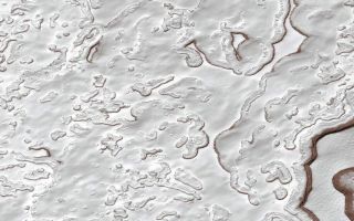 <h1>PIA03180:  MOC View of the Martian South Polar Residual Cap</h1><div class="PIA03180" lang="en" style="width:800px;text-align:left;margin:auto;background-color:#000;padding:10px;max-height:150px;overflow:auto;"><p>The portion of the martian south polar cap that persists through each southern hemisphere summer is known as the residual cap. This Mars Global Surveyor(MGS) Mars Orbiter Camera (MOC) image shows a 2.9 by 4.8 km (1.8 by 3 mi) area of the south polar residual cap as it appeared in mid-summer on 23 February 2000. The landscape of the south polar residual cap is dominated by layered, frozen carbon dioxide ("dry ice") that has been eroded into a variety of pits, troughs, buttes, and mesas. Commonly, the pits are circular and the mesa scarps are arcuate. In summer, as carbon dioxide is subliming away, the scarps bounding the pits and mesas darken. The darkened slopes may indicate that small amounts of dust are present, mixed-in with the ice. The ice is layered, indicating many cycles of deposition preceded the present period of sublimation and erosion. Recent MGS MOC images acquired in 2001 have indicated that the scarps are retreating an average of 3 meters (3.3 yards) per martian year. As more carbon dioxide is released into the atmosphere each southern spring and summer, the atmospheric pressure of Mars may increase such that it could double in a few hundred to a thousand Mars years (687 Earth days = 1 Mars year). The picture shown here is from MOC image M12-02295 and is illuminated by sunlight from the lower right.<p>A version of this picture appears on the cover of the December 7, 2001, issue of<a href="http://www.sciencemag.org/">Science</a> and accompanies a paper regarding the MGS MOC discovery of evidence for martian climate change.<br /><br /><a href="http://photojournal.jpl.nasa.gov/catalog/PIA03180" onclick="window.open(this.href); return false;" title="Voir l'image 	 PIA03180:  MOC View of the Martian South Polar Residual Cap	  sur le site de la NASA">Voir l'image 	 PIA03180:  MOC View of the Martian South Polar Residual Cap	  sur le site de la NASA.</a></div>