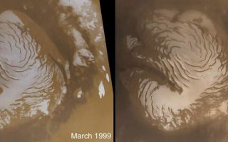 <h1>PIA03204:  The Martian North Polar Cap in Summer - One Year Later</h1><div class="PIA03204" lang="en" style="width:800px;text-align:left;margin:auto;background-color:#000;padding:10px;max-height:150px;overflow:auto;"><p>In the middle of January 2001, Mars Global Surveyor (MGS) completed one Mars year in its ~380 km-high (236 mi) mapping orbit. The mapping orbit was originally achieved in late February 1999. In March of that year, MGS conducted a series of operations in preparation for full-up mapping, first calibrating its scientific instruments and then operating in a mode in which the high gain antenna was held fixed against the body of the spacecraft. During this Fixed High Gain Antenna period, "contingency science" observations were made in case the high gain antenna failed to properly deploy. The wide angle view of the martian north polar cap shown on the left was acquired on March 13, 1999, during early northern summer. The image on the right was acquired almost exactly one Mars year later, on January 26, 2001. The light-toned surfaces are residual water ice that remains through the summer season. The nearly circular band of dark material surrounding the cap consists mainly of sand dunes formed and shaped by wind. The north polar cap is roughly 1100 kilometers (680 miles) across. Close inspection will show that there are differences in the frost cover between the two images (for example, in the upper center of each image, and on the left edge center). Although these changes appear small, they are in fact quite large--the change in frost covering is equivalent to the amount of frost that would be evaporated (in the case of areas that are darker) or deposited (in areas where frost is still on the ground) in almost 5 months. What gives rise to such large changes in the heat budget for the polar caps from one year to the next is not known. Changes in the coloration and brightness of the polar cap suggest dust, deposited perhaps by dust storms during critical periods of the year, may play an important role.<br /><br /><a href="http://photojournal.jpl.nasa.gov/catalog/PIA03204" onclick="window.open(this.href); return false;" title="Voir l'image 	 PIA03204:  The Martian North Polar Cap in Summer - One Year Later	  sur le site de la NASA">Voir l'image 	 PIA03204:  The Martian North Polar Cap in Summer - One Year Later	  sur le site de la NASA.</a></div>