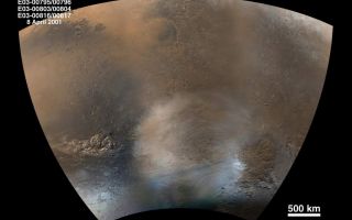 <h1>PIA03222:  Mid-Winter Dust Storms Near Hellas Planitia</h1><div class="PIA03222" lang="en" style="width:800px;text-align:left;margin:auto;background-color:#000;padding:10px;max-height:150px;overflow:auto;"><p>One of the primary objectives for the Mars Global Surveyor (MGS) Mars Orbiter Camera (MOC) during the Extended Mission is to continue daily monitoring of martian weather as expressed in clouds, dust storms, and patches of polar frost. During the Primary Mission, which lasted from March 1999 through January 2001, changes that occurred over a single martian year (687 Earth days) were observed. Now it is possible to see what the martian atmosphere will do for at least two-thirds of a second martian year, because the Extended Mission will run into April 2002.<p>This picture captures two dust storms, each large enough to cover Arizona or New Mexico. One is located near the lower left, the other at the lower right. Taken on April 8, 2001 (mid-southern winter), this is a mosaic of six MOC daily global images centered around Hellas Planitia in the martian southern hemisphere. Hellas Planitia is the dominant elliptical feature just below the center of the picture. The bright, nearly white surfaces along the lower (southern) edge of the picture are covered by wintertime frost. The strong temperature difference between the winter frost and the warmer air just off the edge of this polar cap generates winds that--at this time of year--are often strong enough to lift dust into large, reddish-brown, billowy clouds.<p>North is up and sunlight illuminates the area from the upper left. The martian equator forms the arc along the top of the picture; 500 kilometers (km) is equal to about 311 miles. The approximately 500 kilometer-wide circular feature just above the center is the crater Huygens.<br /><br /><a href="http://photojournal.jpl.nasa.gov/catalog/PIA03222" onclick="window.open(this.href); return false;" title="Voir l'image 	 PIA03222:  Mid-Winter Dust Storms Near Hellas Planitia	  sur le site de la NASA">Voir l'image 	 PIA03222:  Mid-Winter Dust Storms Near Hellas Planitia	  sur le site de la NASA.</a></div>