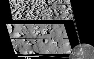 <h1>PIA03455:  Callisto Close-up with Jagged Hills</h1><div class="PIA03455" lang="en" style="width:800px;text-align:left;margin:auto;background-color:#000;padding:10px;max-height:150px;overflow:auto;"><p>The highest-resolution views ever obtained of any of Jupiter's moons, taken by NASA's Galileo spacecraft in May 2001, reveal numerous bright, sharp knobs covering a portion of Jupiter's moon Callisto.</p><p>The knobby terrain seen throughout the top inset is unlike any seen before on Jupiter's moons. The spires are very icy but also contain some darker dust. As the ice erodes, the dark material apparently slides down and collects in low-lying areas. Over time, as the surface continues to erode, the icy knobs will likely disappear, producing a scene similar to the bottom inset. The number of impact craters in the bottom image indicates that erosion has essentially ceased in the dark plains shown in that image, allowing impact craters to persist and accumulate.</p><p>The knobs are about 80 to 100 meters (260 to 330 feet) tall, and they may consist of material thrown outward from a major impact billions of years ago. The areas captured in the images lie south of Callisto's large Asgard impact basin.</p><p>The smallest features discernable in the images are about 3 meters (10 feet) across.</p>The Jet Propulsion Laboratory, a division of the California Institute of Technology in Pasadena, manages the Galileo mission for NASA's Office of Space Science, Washington, D.C. Additional information about the spacecraft and its discoveries is available on the Galileo home page at <a href="http://solarsystem.nasa.gov/galileo/" target="_blank">http://solarsystem.nasa.gov/galileo/</a>.</p><br /><br /><a href="http://photojournal.jpl.nasa.gov/catalog/PIA03455" onclick="window.open(this.href); return false;" title="Voir l'image 	 PIA03455:  Callisto Close-up with Jagged Hills	  sur le site de la NASA">Voir l'image 	 PIA03455:  Callisto Close-up with Jagged Hills	  sur le site de la NASA.</a></div>