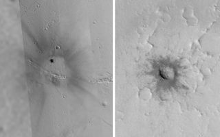 <h1>PIA03469:  Fresh Impact Crater and Rays in Tharsis</h1><div class="PIA03469" lang="en" style="width:800px;text-align:left;margin:auto;background-color:#000;padding:10px;max-height:150px;overflow:auto;"><p>The Mars Global Surveyor (MGS) Mars Orbiter Camera (MOC) Extended Mission has included dozens of opportunities to point the spacecraft directly at features of interest so that pictures of things not seen during the earlier Mapping Mission can be obtained. The example shown here is a small meteorite impact crater in northern Tharsis near 17.2°N, 113.8°W. Viking Orbiter images from the late 1970's showed at this location what appeared to be a dark patch with dark rays emanating from a brighter center. The MOC team surmised that the dark rays may be indicating the location of afresh crater formed by impact sometime in the past few centuries (since dark ray are quickly covered by dust falling out of the martian atmosphere). All through MOC's Mapping Mission in 1999 and 2000, attempts were made to image the crater as predictions indicated that the spacecraft would pass over the site, but the crater was never seen. Finally, in June 2001, Extended Mission operations allowed the MOC team to point the spacecraft (and hence the camera, which is fixed to the spacecraft) directly at the center of the dark rays, where we expected to find the crater.<p>The picture on the left (above, A) is a mosaic of three MOC high resolution images and one much lower-resolution Viking image. From left to right, the images used in the mosaic are: Viking 1 516A55, MOC E05-01904, MOCM21-00272, and MOC M08-03697. Image E05-01904 is the one taken in June 2001 by pointing the spacecraft. It captured the impact crater responsible for the rays. A close-up of the crater, which is only 130 meters (427 ft) across, is shown on the right (above, B). This crater is only one-tenth the size of the famous Meteor Crater in northern Arizona.<p>The June 2001 MOC image reveals many surprises about this feature. For one, the crater is not located at the center of the bright area from which the dark rays radiate. The rays point to the center of this bright area, not the crater. Further, the dark material ejected from the crater--immediately adjacent to the crater rim in the picture on the right (above, B)--is not continuously connected to the larger pattern of rays. Asymmetries in crater form and ejecta patterns are generally believed to occur when the impact is oblique to the surface. The offset of the crater from the center of the rays suggests that the meteor struck at an angle, most likely from the bottom/lower right (south/southeast). The strange geometry of the rays is quite different from that seen for rays associated with impact craters on the Moon and other airless bodies; one possible explanation is that they resulted from disruption of dust on the martian surface by winds generated by the shock wave as the meteor plunged through the martian atmosphere before it struck the ground.<p>Malin Space Science Systems and the California Institute of Technology built the MOC using spare hardware from the Mars Observer mission. MSSS operates the camera from its facilities in San Diego, CA. The Jet Propulsion Laboratory's Mars Surveyor Operations Project operates the Mars Global Surveyor spacecraft with its industrial partner, Lockheed Martin Astronautics, from facilities in Pasadena, CA and Denver, CO.<br /><br /><a href="http://photojournal.jpl.nasa.gov/catalog/PIA03469" onclick="window.open(this.href); return false;" title="Voir l'image 	 PIA03469:  Fresh Impact Crater and Rays in Tharsis	  sur le site de la NASA">Voir l'image 	 PIA03469:  Fresh Impact Crater and Rays in Tharsis	  sur le site de la NASA.</a></div>