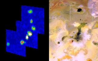 <h1>PIA03533:  Amirani Lava Flow on Io</h1><div class="PIA03533" lang="en" style="width:720px;text-align:left;margin:auto;background-color:#000;padding:10px;max-height:150px;overflow:auto;"><p>The Amirani lava flow on Jupiter's moon Io appears to be made up of many individual flows; the newest flows are the brightest spots in this infrared image from NASA's Galileo spacecraft.<p>The thermal map from Galileo's near-infrared mapping spectrometer instrument is presented on the left, beside a reference picture of the same area from Galileo's camera. The infrared image uses false color to indicate intensity of glowing at a wavelength of 5 microns. White, reds and yellows indicate hotter regions; blues are cold. North is to the top.<p>Amirani is the largest active lava flow known in the solar system. Galileo has previously observed many <a href="/catalog/PIA02585"> changes in its flows</a>. In this infrared image, Amirani includes the two brightest spots and two others closest to that pair. The image also shows three other active volcanoes on Io: Maui (lower left, corresponding to a dark, roughly circular area in the reference image), Dusurra (top, corresponding to the dark, roughly circular area at the top of the reference image) and an unnamed hot spot that appears as an elongated small feature in the reference image between Dussura and the Amirani flow.<p>Of Amirani's four bright areas, the one on the lower left corresponds to what is thought to be the flow's vent: a dark elongated crater surrounded by red materials. Red deposits are indicative of recent plume activity on Io. The other three bright areas along the flow correspond to where hot lavas are breaking out.<p>Notice that the dark flow going from the main flow to the left is not seen in the infrared image. This indicates that this flow has cooled and is no longer active. NASA's Voyager spacecraft detected a plume more than 20 years ago from a location near the end of this now-inactive flow. The plume was probably created by interaction of the hot flow with sulfur-dioxide frost, in the same way as Io's <a href="/catalog/PIA02512">Prometheus plume</a>. Once the flow cooled, the plume shut off.<p>This infrared image was taken on Aug. 6, 2001. It has a resolution of about 9 kilometers (6 miles) per picture element.<p>The Jet Propulsion Laboratory, a division of the California Institute of Technology in Pasadena, manages the Galileo mission for NASA's Office of Space Science, Washington, D.C. Additional information about Galileo and its discoveries is available on the Galileo mission home page at <a href="http://solarsystem.nasa.gov/galileo/" target="_blank">http://solarsystem.nasa.gov/galileo/</a>.<br /><br /><a href="http://photojournal.jpl.nasa.gov/catalog/PIA03533" onclick="window.open(this.href); return false;" title="Voir l'image 	 PIA03533:  Amirani Lava Flow on Io	  sur le site de la NASA">Voir l'image 	 PIA03533:  Amirani Lava Flow on Io	  sur le site de la NASA.</a></div>