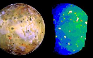 <h1>PIA03534:  Io in Infrared with Giant Plume's New Hot Spot</h1><div class="PIA03534" lang="en" style="width:800px;text-align:left;margin:auto;background-color:#000;padding:10px;max-height:150px;overflow:auto;"><p>Nine previously unknown volcanoes have been discovered from this infrared image of Jupiter's moon Io, acquired by NASA's Galileo spacecraft on Oct. 16, 2001.<p>The infrared image, on the right, serves as a thermal map to a section of Io's surface from pole to pole. An image from Galileo's camera showing the same face of Io (left) is included for correlating the heat-sensing infrared data with geological features apparent in visible wavelengths. The infrared image uses false color to portray the intensity with which the surface glows at the invisible wavelength of 5 microns, as observed by Galileo's near infrared mapping spectrometer instrument. White, reds and yellows indicate hotter regions; blues are cold. The resolution varies from 24 to 39 kilometers (15 to 24 miles) per picture element.<p>Some of the hot spots visible in this image were not seen in a similar infrared image taken just <a href="/catalog/PIA02591">10 weeks earlier</a> of an overlapping section of Io.<p>Three sites of major activity in the images are Prometheus, which is a bright spot at center left; Amirani, which is an elongated feature in the upper right; and the site where a giant plume was erupting in August, which is the bright spot near the top of the image.<p>The Jet Propulsion Laboratory, a division of the California Institute of Technology in Pasadena, manages the Galileo mission for NASA's Office of Space Science, Washington, D.C. Additional information about Galileo and its discoveries is available on the Galileo mission home page at <a href="http://solarsystem.nasa.gov/galileo/" target="_blank">http://solarsystem.nasa.gov/galileo/</a>.<br /><br /><a href="http://photojournal.jpl.nasa.gov/catalog/PIA03534" onclick="window.open(this.href); return false;" title="Voir l'image 	 PIA03534:  Io in Infrared with Giant Plume's New Hot Spot	  sur le site de la NASA">Voir l'image 	 PIA03534:  Io in Infrared with Giant Plume's New Hot Spot	  sur le site de la NASA.</a></div>