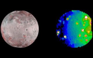 <h1>PIA03535:  Io in Infrared, Night and Day</h1><div class="PIA03535" lang="en" style="width:800px;text-align:left;margin:auto;background-color:#000;padding:10px;max-height:150px;overflow:auto;"><p>Hot eruption sites scattered across Jupiter's moon Io stand out dramatically in an infrared image taken Oct. 13, 2001, by NASA's Galileo spacecraft as it sped past this most volcanically active of all known worlds.<p>The infrared image (right) serves as a thermal map to nearly a full hemisphere of Io. An image from Galileo's camera showing the same face of Io (left) is included for correlating the heat-sensing infrared data with geological features apparent in visible wavelengths. When Galileo snapped the infrared shot, the left half of the hemisphere was actually in darkness and the right half in daylight.<p>The infrared image uses false color to portray the intensity with which the surface glows at the invisible wavelength of 5 microns, as observed by Galileo's near infrared mapping spectrometer instrument. White, reds and yellows indicate hotter regions; blues are cold. The resolution varies from 83 to 93 kilometers (52 to 58 miles) per picture element.<p>Four previously unknown volcanoes have been discovered from this image, including one also detected in another infrared image taken the same day. Those new-found hot spots are faint. Among the more easily identified brighter volcanoes in the image are the pair Pillan and Pele located near the left-hand edge at about 8 o'clock if the circular image is taken as a clock face. Marduk is located a little farther from the edge at 7 o'clock. The bright spot at about 2 o'clock is the site where a plume was seen erupting about 500 kilometers (320 miles) high 10 weeks before this image was taken.<p>The Jet Propulsion Laboratory, a division of the California Institute of Technology in Pasadena, manages the Galileo mission for NASA's Office of Space Science, Washington, D.C. Additional information about Galileo and its discoveries is available on the Galileo mission home page at <a href="http://solarsystem.nasa.gov/galileo/" target="_blank">http://solarsystem.nasa.gov/galileo/</a>.<br /><br /><a href="http://photojournal.jpl.nasa.gov/catalog/PIA03535" onclick="window.open(this.href); return false;" title="Voir l'image 	 PIA03535:  Io in Infrared, Night and Day	  sur le site de la NASA">Voir l'image 	 PIA03535:  Io in Infrared, Night and Day	  sur le site de la NASA.</a></div>