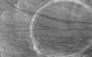 <h1>PIA03618:  Crater and Streaks</h1><div class="PIA03618" lang="en" style="width:717px;text-align:left;margin:auto;background-color:#000;padding:10px;max-height:150px;overflow:auto;"><p>4 December 2005<br />This Mars Global Surveyor (MGS) Mars Orbiter Camera (MOC) image shows a trough formed of coalesced collapse pits in the Tractus Catena region of northern Tharsis, Mars.</p><p>Location near: 54.8°S, 0.7°W <br />Image width: width: ~3 km (~1.9 mi)<br />Illumination from: upper left <br />Season: Southern Summer </p><br /><br /><a href="http://photojournal.jpl.nasa.gov/catalog/PIA03618" onclick="window.open(this.href); return false;" title="Voir l'image 	 PIA03618:  Crater and Streaks	  sur le site de la NASA">Voir l'image 	 PIA03618:  Crater and Streaks	  sur le site de la NASA.</a></div>