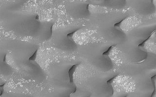 <h1>PIA03751:  Sand Dunes in Kaiser Crater</h1><div class="PIA03751" lang="en" style="width:800px;text-align:left;margin:auto;background-color:#000;padding:10px;max-height:150px;overflow:auto;">Full size (780 KBytes)<br>This Mars Global Surveyor (MGS) Mars Orbiter Camera (MOC) high resolution image shows a field of dark sand dunes on the floor of Kaiser Crater in southeastern Noachis Terra. The steepest slopes on each dune, the slip faces, point toward the east, indicating that the strongest winds that blow across the floor of Kaiser move sand in this direction. Wind features of three different scales are visible in this image: the largest (the dunes) are moving across a hard surface (light tone) that is itself partially covered by large ripples. These large ripples appear not to be moving--the dunes are burying some and revealing others. Another type of ripple pattern is seen on the margins of the dunes and where dunes coalesce. They are smaller (both in their height and in their separation) than the large ripples. These are probably coarse sediments that are moving with the dunes. This picture covers an area approximately 3 km (1.9 mi) across and is illuminated from the upper left.<br /><br /><a href="http://photojournal.jpl.nasa.gov/catalog/PIA03751" onclick="window.open(this.href); return false;" title="Voir l'image 	 PIA03751:  Sand Dunes in Kaiser Crater	  sur le site de la NASA">Voir l'image 	 PIA03751:  Sand Dunes in Kaiser Crater	  sur le site de la NASA.</a></div>