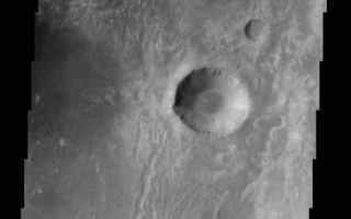 <h1>PIA03769:  Eastern Floor of Holden Crater</h1><div class="PIA03769" lang="en" style="width:477px;text-align:left;margin:auto;background-color:#000;padding:10px;max-height:150px;overflow:auto;"><br>(Released 15 April 2002)<br><b>The Science</b><br><br>Today's THEMIS image covers territory on the eastern floor of Holden Crater, which is located in region of the southern hemisphere called Noachis Terra. Holden Crater is 154 km in diameter and named after American Astronomer Edward Holden (1846-1914). This image shows a mottled surface with channels, hills, ridges and impact craters. The largest crater seen in this image is 5 km in diameter. This crater has gullies and what appears to be horizontal layers in its walls.<br><br><b>The Story</b><br>With its beautiful symmetry and gullies radially streaming down to the floor, the dominant crater in this image is an impressive focal point. Yet, it is really just a small crater within a much larger one named Holden Crater. Take a look at the context image to the right to see just how much bigger Holden Crater is. Then come back to the image strip that shows the mottled surface of Holden Crater's eastern floor in greater detail, and count how many hills, ridges, channels, and small impact craters can be seen. No perfectly smooth terrain abounds there, that's for sure.<br><br>The textured terrain of Holden Crater has been particularly intriguing ever since the Mars Orbital Camera on the Mars Global Surveyor spacecraft found evidence of sedimentary rock layers there that might have formed in lakes or shallow seas in Mars' ancient past. This finding suggests that Mars may have been more like Earth long ago, with water on its surface. Holden Crater might even have held a lake long ago. No one knows for sure, but it's an exciting possibility. Why?<br><br>If water was once on the surface of Mars long enough to form sedimentary materials, maybe it was there long enough for microbial life to have developed too. (Life as we know it just isn't possible without the long-term presence of liquid water.) The question of life on the red planet is certainly tantalizing, but scientists will need to engage in a huge amount of further investigation to begin to know the answer. That's why orbital images of Holden Crater like this one are so important. They continue to help scientists piece together the answers to their fundamental questions about the planet's environment and its potential as a past or present habitat for life.<br /><br /><a href="http://photojournal.jpl.nasa.gov/catalog/PIA03769" onclick="window.open(this.href); return false;" title="Voir l'image 	 PIA03769:  Eastern Floor of Holden Crater	  sur le site de la NASA">Voir l'image 	 PIA03769:  Eastern Floor of Holden Crater	  sur le site de la NASA.</a></div>