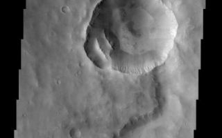 <h1>PIA03785:  Cratered terrain in Terra Meridiani</h1><div class="PIA03785" lang="en" style="width:487px;text-align:left;margin:auto;background-color:#000;padding:10px;max-height:150px;overflow:auto;"><br>(Released 30 April 2002)<br><b>The Science</b><br>This THEMIS visible image shows a region in Terra Meridiani near -12° S, 358° W (2° E). An old, heavily degraded channel can be seen from the lower (southern) portion of the image toward the top. This channel appears to terminate abruptly at the rim of a 10 km diameter crater. This apparent "superposition" of the crater on top of the channel suggests that the impact crater was created after the channel was formed. This crater has two 3-km sized blocks of material that have slumped off from the lower left segment of the original crater rim. These immense blocks must have moved as a single unit because the rock layers that can be seen in the original wall of the crater can still be seen in these detached blocks. The walls of several craters in this image show vague hints of possible gully formation at the bottom of pronounced rock layers, with the suggestion of alcoves above the individual gullies. Well-developed gullies that were imaged by the Mars Orbiter Camera (MOC) on Mars Global Surveyor have been suggested to form by seepage and runoff of a fluid. The MOC has observed these gullies in numerous craters and channels further south, but they are uncommon at latitudes this close to the equator. Several sections of the crater walls appear to have ridges and troughs formed by the dry avalanche of loose rock, and a similar process of dry avalanche may account for the gullies seen in this THEMIS image. Patches of lighter material, possibly small dunes ripples, can be seen in several places throughout this image.<br><br><b>The Story</b><br>When the walls come tumbling down! Take a closer look at the bright linear ridges within a deep crater near the center of this image (bottom, left-hand side of the crater). Almost 2 miles long, these chunks of material slumped off the crater side in one fell swoop. Phoozhj! Down they came as one massive unit. You can tell, because the rock layers seen in the original wall of the crater are also still there in the detached material as well.<br><br>Instability in the craters doesn't stop there. Other ridges and troughs in the large craters were probably formed by smaller avalanches of loose rock, but . . . what about those gullies? Were they caused by small, dry avalanches too, or could they possibly have been formed by some kind of liquid running down the walls?<br><br>In the grand search for possible signs of water on the red planet, gullies found in craters around Mars have been a source of speculation and great interest. The walls of several craters in this image show vague hints of possible gully formation, and features like "alcoves" above the individual gullies suggest a possible "formation by fluid." And yet, gullies are usually found in the south of Mars, not along the equatorial region where these craters are located. So, . . . who knows? This area will take a lot of further study.<br><br>A long, snaky channel also winds its way up from the bottom of this image, only to be obliterated in its path by the large crater pits that came later. Eroded and old, the channel is far less dramatic than the large impact craters, but leaves a record of more ancient processes on Mars.<br><br>Dappled in light and dark terrain, the texture of this cratered region of Mars is actually quite complex, especially when you look at the close-up image. Beyond the predominant craters, a smattering of smaller, shallower craters dot the surface, and signs of bright dunes can be found as well.<br /><br /><a href="http://photojournal.jpl.nasa.gov/catalog/PIA03785" onclick="window.open(this.href); return false;" title="Voir l'image 	 PIA03785:  Cratered terrain in Terra Meridiani	  sur le site de la NASA">Voir l'image 	 PIA03785:  Cratered terrain in Terra Meridiani	  sur le site de la NASA.</a></div>