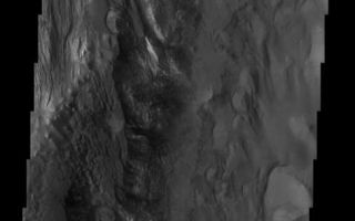 <h1>PIA03818:  Floor of Juventae Chasma</h1><div class="PIA03818" lang="en" style="width:488px;text-align:left;margin:auto;background-color:#000;padding:10px;max-height:150px;overflow:auto;"><br>(Released 30 May 2002)<br>Juventae Chasma is an enormous box canyon (250 km X 100 km) which opens to the north and forms the outflow channel Maja Vallis. Most Martian outflow channels such as Maja, Kasei, and Ares Valles begin at point sources such as box canyons and chaotic terrain and then flow unconfined into a basin region. This image captures a portion of the western floor of Juventae Chasma and shows a wide variety of landforms. Conical hills, mesas, buttes and plateaus of layered material dominate this scene and seem to be "swimming" in vast sand sheets. The conical hills have a spur and gully topography associated with them while the flat topped buttes and mesas do not. This may be indicative of different materials that compose each of these landforms or it could be that the flat-topped layer has been completely eroded off of the conical hills thereby exposing a different rock type. Both the conical hills and flat-topped buttes and mesas have extensive scree slopes (heaps of eroded rock and debris). Ripples, which are inferred to be dunes, can also be seen amongst the hills. No impact craters can be seen in this image, indicating that the erosion and transport of material down the canyon wall and across the floor is occurring at a relatively rapid rate, so that any craters that form are rapidly buried or eroded.<br /><br /><a href="http://photojournal.jpl.nasa.gov/catalog/PIA03818" onclick="window.open(this.href); return false;" title="Voir l'image 	 PIA03818:  Floor of Juventae Chasma	  sur le site de la NASA">Voir l'image 	 PIA03818:  Floor of Juventae Chasma	  sur le site de la NASA.</a></div>