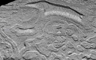 <h1>PIA03874:  Derived Topographic Model from Mars Global Surveyor Instruments</h1><div class="PIA03874" lang="en" style="width:800px;text-align:left;margin:auto;background-color:#000;padding:10px;max-height:150px;overflow:auto;"><p>A 50-cm contour map of part of Mars' south polar ice cap. The region shown is roughly a kilometer on a side. The shaded relief model is shown with a tenfold vertical exaggeration.<p>This high resolution Mars Global Surveyor (MGS) topographic model of the surface of Mars is created by combining Mars Orbiter Laser Altimeter (MOLA) gridded topographic data base with information from Mars Orbiter Camera (MOC) Narrow Angle (NA) high resolution images. The top image is a shaded relief model derived from the MGS MOLA gridded topography for a small part of the cap near 87&#176S 348&#176W; the area covered is about 3x3 km and the MOLA resolution about 230 meters/pixel. The bottom image is an enhanced shaded relief model of the same area derived by adding high-resolution topographic information from a MOC NA image data to the MOLA topography model. This yields a 3-D model that has a horizontal resolution of 2.75 meters; both models are shown with a 10x vertical exaggeration. Using shape-from-shading or photoclinometry techniques, MOCNA image m0906496 was used to derive high resolution (meter-scale) topography. The photometric properties of the surface, including albedo variations, and scattering of the atmosphere were carefully modeled by constraining the low-frequencies of the MOC NA photoclinometry model to match the high-quality MOLA data.<br /><br /><a href="http://photojournal.jpl.nasa.gov/catalog/PIA03874" onclick="window.open(this.href); return false;" title="Voir l'image 	 PIA03874:  Derived Topographic Model from Mars Global Surveyor Instruments	  sur le site de la NASA">Voir l'image 	 PIA03874:  Derived Topographic Model from Mars Global Surveyor Instruments	  sur le site de la NASA.</a></div>
