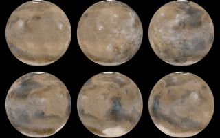 <h1>PIA04268:  A Mid-Northern Summer/Southern Winter's Mars</h1><div class="PIA04268" lang="en" style="width:800px;text-align:left;margin:auto;background-color:#000;padding:10px;max-height:150px;overflow:auto;"><p>The Mars Global Surveyor (MGS) Mars Orbiter Camera (MOC) began its daily global imaging campaign four years ago, on March 9, 1999. Since that time, slightly more than 2 full Martian years have elapsed, and MOC has obtained a complete daily record of the red planet's ever-changing weather patterns. Observing Mars every day over many years is critical to understanding how to forecast weather that may occur in the future, and MOC is the only U.S. instrument slated to orbit Mars until late 2006 that can provide this information. For example, the MOC team has found that many weather events repeat from one year to the next. Such knowledge is useful in considering where future spacecraft might land on Mars--a site that is known to experience a dust storm each year during the period a lander or rover will be operational might not be a good place to land.</p><p>The six views of Mars shown here are a composite of the 24 daily global images acquired by MOC on February 14, 2003. At this time, it was the middle of summer in the northern hemisphere, and the middle of winter in the south. Taken together, the six views show the entire planet, its albedo (bright and dark) features, polar frosts, and cloud patterns. Water-ice clouds dominate the martian atmosphere over the tropical and sub-tropical latitudes, while orographically-generated (i.e. those associated with high-standing topography) water-ice clouds hang over each of the large volcanoes of the Tharsis and Elysium regions (see top-left, top-center, bottom-right).</p><p>In the north polar region, the residual water-ice cap is fully exposed. In the southern hemisphere, the winter-time seasonal carbon dioxide frost cap can be seen, extending from the south pole (which is in darkness and not seen in these images) northward to 50°S latitude. In the deep Hellas Basin (an ancient, giant impact scar seen as the bright elliptical feature at the bottom of the bottom-center image), the winter-time cap extends northward to 31°S because the lower elevation permits carbon dioxide to freeze at slightly higher temperatures than at the high elevations elsewhere in the southern hemisphere.</p><p>When these pictures were taken on February 14, 2003, dust storm activity was at a minimum and isolated to early morning hours around the edges of the north polar cap. Within a day, however, dust storm activity began to pick up in both hemispheres--as was expected from previous MOC images at this time of year in 1999 and 2001--and dust storms remained active through the rest of February and March.</p><br /><br /><a href="http://photojournal.jpl.nasa.gov/catalog/PIA04268" onclick="window.open(this.href); return false;" title="Voir l'image 	 PIA04268:  A Mid-Northern Summer/Southern Winter's Mars	  sur le site de la NASA">Voir l'image 	 PIA04268:  A Mid-Northern Summer/Southern Winter's Mars	  sur le site de la NASA.</a></div>