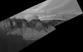 <h1>PIA04296:  Scarp at Head of Chasma Boreale</h1><div class="PIA04296" lang="en" style="width:800px;text-align:left;margin:auto;background-color:#000;padding:10px;max-height:150px;overflow:auto;"><p>This view shows sharp detail of a scarp at the head of Chasma Boreale, a large trough cut by erosion into the martian north polar cap and the layered material beneath the ice cap. The picture is a mosaic of two images acquired in January 2005 by the Mars Orbiter Camera on NASA's Mars Global Surveyor, using a resolution-enhancing technique called "compensated pitch and roll targeted observation." The camera team considers this the best pair of images yet acquired using that technique.</p><p>During each northern summer on Mars, there occurs a narrow window in time of two to three months when conditions are ideal to image the north polar cap at high resolution. Throughout this period, the atmosphere is generally clear over the cap, and the seasonal carbon-dioxide frost from the previous winter and spring has sublimed away, permitting a good view of the surface geology. The two images in this mosaic were acquired during this brief period during the most recent northern summer. Within a few weeks of when these images were acquired, dust storm activity picked up in the north polar region, making the atmosphere too dusty to obtain any more detailed views until late 2006. </p><p>Chasma Boreale is cut into the layered material that lies beneath the water ice of the north polar cap. For decades, these layered materials were assumed to consist of a mixture of ice and dust. Mars Orbiter Camera images obtained in 1999 and 2001 began to show that some of the layers are a source for windblown sand. The science objective for the two images shown in this mosaic was to look for boulders in the debris shed from the steep slopes cut into the north polar layers by Chasma Boreale. Finding boulders would imply that the layers that are the most resistant to erosion in the polar region are as competent as solid rock, perhaps giving a new insight into the nature of the polar layered materials. The pictured site is near 84.8 degrees north latitude, 356.4 degrees west longitude.</p><p>Examination of the high-resolution mosaic shows that there are indeed some large boulders that have eroded out of the layered materials and rolled down the slopes. It is possible, therefore, that the north polar layers are not simply a mixture of ice, dust, and sand. Some layers may actually be rock, cemented by minerals rather than by ice. Alternatively, if the materials are cemented by ice, then a future high-resolution view might show that the boulders have become smaller over time. </p><p>In addition to the observation of boulders eroding out of the polar layered materials, the mosaic also helps confirm that dark sand is eroding out of the polar layered materials, and that there are three different groups of layers under the polar ice. The upper unit is light-toned, finely layered, and more resistant to erosion (more competent, less easily destroyed by erosion) than the middle unit, which is rich in dark sand but also has several shelf-forming layers in it. Finally, below the dark, sandy layer is a third unit that is light-toned and has a different appearance relative to the other two units. Some of its layers have surfaces that have been broken by shallow fractures into polygonal and linear forms, also implying that they are hard, resistant rock.</p><p>The level of detail seen in the mosaic was made possible by the development of a resolution-enhancing technique for using the Mars Orbiter Camera. During 2003 and 2004, the Mars Orbiter Camera operations team at Malin Space Science Systems, San Diego, Calif., worked closely with the Mars Global Surveyor operations teams at the Jet Propulsion Laboratory, Pasadena, Calif., and Lockheed Martin Space Systems, Denver, Colo., to develop a new technique in which the spacecraft does a maneuver that permits the camera to acquire images at a higher spatial resolution than normal. Usually, Mars Orbiter Camera images have a resolution of about 1.5 meters (5 feet) per pixel, and the camera can be commanded to acquire lower resolution data when desired. To obtain a higher resolution, the whole spacecraft must be pitched at such a rate that the camera over-samples its view of the martian surface in the down-track direction. Called compensated pitch and roll targeted observation, or cPROTO, this technique allows Mars Orbiter Camera to obtain images that have a resolution of about 50 centimeters (20 inches) per pixel in the down-track direction, and 150 centimeters (5 feet) per pixel in the cross-track dimension. </p><p>The Mars Orbiter Camera was built and is operated by Malin Space Science Systems, San Diego, Calif. Mars Global Surveyor left Earth on Nov. 7, 1996, and began orbiting Mars on Sept. 12, 1997. JPL, a division of the California Institute of Technology, Pasadena, manages Mars Global Surveyor for NASA's Science Mission Directorate, Washington.</p><br /><br /><a href="http://photojournal.jpl.nasa.gov/catalog/PIA04296" onclick="window.open(this.href); return false;" title="Voir l'image 	 PIA04296:  Scarp at Head of Chasma Boreale	  sur le site de la NASA">Voir l'image 	 PIA04296:  Scarp at Head of Chasma Boreale	  sur le site de la NASA.</a></div>