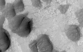 <h1>PIA04507:  Dunes and Dust Devil Tracks</h1><div class="PIA04507" lang="en" style="width:540px;text-align:left;margin:auto;background-color:#000;padding:10px;max-height:150px;overflow:auto;">MGS MOC Release No. MOC2-352, 6 May 2003<p>March 6, 2003, is the first day of spring in the martian southern hemisphere. As spring progresses in the south, dust devils will begin to form and sweep up some of the veneer of bright dust that accumulated during the recent autumn and winter seasons.<p>This Mars Global Surveyor (MGS) Mars Orbiter Camera (MOC) image shows sand dunes in Wirtz Crater. The dark streaks that criss-cross each dune were probably formed by passing dust devils that disrupted or removed some of the thin layer of dust that coats the dunes. The picture covers an area about 3 km (1.9 mi) wide near 48.3°S, 25.4°W. Sunlight illuminates the scene from the upper left.<p><br /><br /><a href="http://photojournal.jpl.nasa.gov/catalog/PIA04507" onclick="window.open(this.href); return false;" title="Voir l'image 	 PIA04507:  Dunes and Dust Devil Tracks	  sur le site de la NASA">Voir l'image 	 PIA04507:  Dunes and Dust Devil Tracks	  sur le site de la NASA.</a></div>