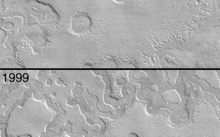 <h1>PIA04528:  Two Mars Years of South Polar Change</h1><div class="PIA04528" lang="en" style="width:799px;text-align:left;margin:auto;background-color:#000;padding:10px;max-height:150px;overflow:auto;">MGS MOC Release No. MOC2-367, 21 May 2003<p>Mars Global Surveyor (MGS) Mars Orbiter Camera (MOC) images acquired in 1999 and 2001 suggested that each Mars year, for the past several hundred years (if not thousands), the layered carbon dioxide ice of the south polar residual cap has been disappearing. Scarps formed by sublimation of these icy layers retreat at an average rate of about 3 meters (~3 yards) per Martian year.<p>MOC is now in its third Mars year of detailed exploration of the red planet. Recently, southern spring began, and the south polar cap emerged from winter darkness. The first picture shown here (top) was obtained by MOC less than a week ago (May 2003). The second picture shows the same area of the south polar residual cap, as it appeared 2 Mars years earlier in August 1999. Comparison shows that, between 1999 and 2003, several small mesas and buttes vanished, holes grew larger, and more cracks and pits appeared as carbon dioxide was removed from the polar cap.<p>The image pair is located near 86.8°S, 109.0°W. Sunlight illuminates both from the upper right. One Mars year is about 687 Earth days long.<p><br /><br /><a href="http://photojournal.jpl.nasa.gov/catalog/PIA04528" onclick="window.open(this.href); return false;" title="Voir l'image 	 PIA04528:  Two Mars Years of South Polar Change	  sur le site de la NASA">Voir l'image 	 PIA04528:  Two Mars Years of South Polar Change	  sur le site de la NASA.</a></div>