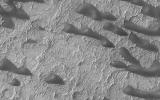<h1>PIA04573:  Sand Dunes of Schaeberle Crater</h1><div class="PIA04573" lang="en" style="width:540px;text-align:left;margin:auto;background-color:#000;padding:10px;max-height:150px;overflow:auto;">MGS MOC Release No. MOC2-391, 14 June 2003<p>This March 2003 Mars Global Surveyor (MGS) Mars Orbiter Camera (MOC) image shows dark sand dunes near the center of Schaeberle Crater, located at 24.6°S, 310.3°W. The steepest slopes on the dunes point toward the left/upper left (northwest), indicating that, when the dunes were active, the dominant regional winds blew from the right/lower right (southeast). The dunes today, however, have a somewhat stunted and sculpted appearance, which suggests that in the most recent part of their history, they have been somewhat eroded. This image covers an area 3 km (1.9 mi) wide and is illuminated from the upper left.<p><br /><br /><a href="http://photojournal.jpl.nasa.gov/catalog/PIA04573" onclick="window.open(this.href); return false;" title="Voir l'image 	 PIA04573:  Sand Dunes of Schaeberle Crater	  sur le site de la NASA">Voir l'image 	 PIA04573:  Sand Dunes of Schaeberle Crater	  sur le site de la NASA.</a></div>