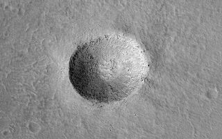 <h1>PIA04581:  Impact on Arsia Mons</h1><div class="PIA04581" lang="en" style="width:540px;text-align:left;margin:auto;background-color:#000;padding:10px;max-height:150px;overflow:auto;">MGS MOC Release No. MOC2-394, 17 June 2003<p>In planetary science, impact craters are "tools of the trade." They are common to all of the solid-surfaced objects in our Solar System, and are thus a good point of reference to compare different planetary bodies. This Mars Global Surveyor (MGS) Mars Orbiter Camera (MOC) image shows a crater that is about the same size as the famous Meteor Crater in northern Arizona, on the North American continent. This crater, however, is on the floor of the caldera--a large volcanic/collapse crater--of a giant martian volcano, Arsia Mons. This crater formed in volcanic rock, whereas the one in Arizona formed in sedimentary rock. Large, house-sized boulders dot the raised crater rim. This image is near 10.0°S, 120.4°W. The picture is illuminated from the left.<p><br /><br /><a href="http://photojournal.jpl.nasa.gov/catalog/PIA04581" onclick="window.open(this.href); return false;" title="Voir l'image 	 PIA04581:  Impact on Arsia Mons	  sur le site de la NASA">Voir l'image 	 PIA04581:  Impact on Arsia Mons	  sur le site de la NASA.</a></div>
