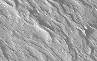 <h1>PIA04583:  Flows on Olympus Mons</h1><div class="PIA04583" lang="en" style="width:540px;text-align:left;margin:auto;background-color:#000;padding:10px;max-height:150px;overflow:auto;">MGS MOC Release No. MOC2-396, 19 June 2003<p>Olympus Mons is the largest volcano in the Solar System. While it is considerably taller than Mount Everest, its slopes tend to be 1° to 5° over most of the volcano. With such low slopes, one would not really "climb" to the summit of Olympus Mons, one would instead hike. This very high resolution Mars Global Surveyor (MGS) Mars Orbiter Camera (MOC) view of the middle western flank of Olympus Mons shows, however, that it would not be an easy place to hike. The surface is rugged, with many overlapping lava flow structures, all of which are mantled by a thick blanket of dust and wind-scoured sediment. This image is near 19.9°N, 135.5°W, and illuminated from the lower left.<p><br /><br /><a href="http://photojournal.jpl.nasa.gov/catalog/PIA04583" onclick="window.open(this.href); return false;" title="Voir l'image 	 PIA04583:  Flows on Olympus Mons	  sur le site de la NASA">Voir l'image 	 PIA04583:  Flows on Olympus Mons	  sur le site de la NASA.</a></div>