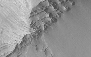 <h1>PIA04600:  Layers in Terby Crater</h1><div class="PIA04600" lang="en" style="width:540px;text-align:left;margin:auto;background-color:#000;padding:10px;max-height:150px;overflow:auto;">MGS MOC Release No. MOC2-407, 30 June 2003<p>Whether on Earth or Mars, sedimentary rocks provide a record of past environments. Of course, it is difficult to read that record without being able to visit the site. However, the Mars Global Surveyor (MGS) Mars Orbiter Camera (MOC) has revealed hundreds of locales on Mars at which sedimentary rocks are exposed at the surface. Terby Crater exhibits hundreds of layers of similar thickness and physical properties--some have speculated these may be the record of an ancient lake or sea. This MOC image shows some of the layer outcrops in Terby Crater. Fans of debris have eroded from the steep, layered slopes in some places. This picture covers an area 3 km (1.9 mi) wide near 27.5°S, 285.7°W. The image is illuminated from the upper left and was obtained in June 2003.<p><br /><br /><a href="http://photojournal.jpl.nasa.gov/catalog/PIA04600" onclick="window.open(this.href); return false;" title="Voir l'image 	 PIA04600:  Layers in Terby Crater	  sur le site de la NASA">Voir l'image 	 PIA04600:  Layers in Terby Crater	  sur le site de la NASA.</a></div>