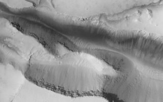 <h1>PIA04699:  Cerberus Fossae Trough</h1><div class="PIA04699" lang="en" style="width:800px;text-align:left;margin:auto;background-color:#000;padding:10px;max-height:150px;overflow:auto;">MGS MOC Release No. MOC2-465, 27 August 2003<p />The Cerberus Fossae are a series of semi-parallel troughs in the Cerberus region of Mars. They formed by extension (splitting) of the upper martian crust in the vicinity of the Elysium and Albor volcanoes. This Mars Global Surveyor (MGS) Mars Orbiter Camera (MOC) image shows a 1.5 meter (5 feet) per pixel view of one of the Cerberus Fossae troughs. Dark sediment and talus from the trough walls are visible, as are some of the layers in the subsurface exposed by the troughs. This feature is located near 15.7 °N, 197.5°W. The area shown is 3 km (1.9 mi) across. Sunlight illuminates the scene from the left/lower left.<br /><br /><a href="http://photojournal.jpl.nasa.gov/catalog/PIA04699" onclick="window.open(this.href); return false;" title="Voir l'image 	 PIA04699:  Cerberus Fossae Trough	  sur le site de la NASA">Voir l'image 	 PIA04699:  Cerberus Fossae Trough	  sur le site de la NASA.</a></div>