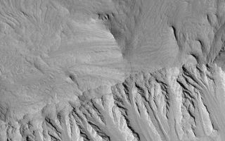 <h1>PIA04732:  Layers in East Candor</h1><div class="PIA04732" lang="en" style="width:628px;text-align:left;margin:auto;background-color:#000;padding:10px;max-height:150px;overflow:auto;">MGS MOC Release No. MOC2-475, 6 September 2003<p />Eroded, layered sedimentary rock exposures are common in the chasms of the Valles Marineris system. This Mars Global Surveyor (MGS) Mars Orbiter Camera (MOC) image shows some of the layers in eastern Candor Chasma. Faulting has created the steep slope that runs left to right across the lower half of the image. About two-thirds of the way down this slope occurs a distinct change from a spur-and-gully slope morphology to a flatter topography overlain by piles of talus that have come down the slopes. This abrupt change might indicate the location of a fault. The picture is located near 7.2°S, 69.0°W and covers an area 3 km (1.9 mi) across. The scene is illuminated by sunlight from the left.<br /><br /><a href="http://photojournal.jpl.nasa.gov/catalog/PIA04732" onclick="window.open(this.href); return false;" title="Voir l'image 	 PIA04732:  Layers in East Candor	  sur le site de la NASA">Voir l'image 	 PIA04732:  Layers in East Candor	  sur le site de la NASA.</a></div>