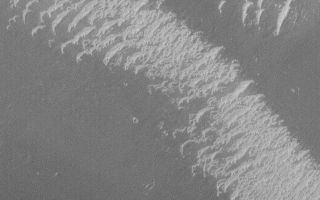 <h1>PIA04733:  Brazos Valles Dunes</h1><div class="PIA04733" lang="en" style="width:769px;text-align:left;margin:auto;background-color:#000;padding:10px;max-height:150px;overflow:auto;">MGS MOC Release No. MOC2-476, 7 September 2003<p />Nearly six years ago, when the Mars Global Surveyor (MGS) Mars Orbiter Camera (MOC) was taking some of its earliest high resolution images of the planet, an area of light-toned, wind-blown, ripple-like bedforms was spotted in the Brazos Valles near Schiaparelli Basin. These features were highlighted on November 10, 1997, in <a href="http://www.msss.com/mars_images/moc/11_10_97_release/2306/">"Valley and Surrounding Terrain Adjacent to Schiaparelli Crater."</a><p />This picture shows a close-up view of some of the light-toned bedforms first visible in that early MOC image. This picture was acquired at full resolution (1.5 meters--5 feet--per pixel). The image shows that the light-toned bedforms are not fresh, young features; they are jagged and roughened, as if they have been indurated (cemented) and then somewhat eroded by wind. This picture is located near 5.4°S, 340.6°W; it covers an area 1.1 km (0.7 mi) across. The scene is illuminated by sunlight from the left.<br /><br /><a href="http://photojournal.jpl.nasa.gov/catalog/PIA04733" onclick="window.open(this.href); return false;" title="Voir l'image 	 PIA04733:  Brazos Valles Dunes	  sur le site de la NASA">Voir l'image 	 PIA04733:  Brazos Valles Dunes	  sur le site de la NASA.</a></div>