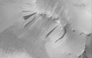 <h1>PIA04790:  Arabian Slope Streaks</h1><div class="PIA04790" lang="en" style="width:799px;text-align:left;margin:auto;background-color:#000;padding:10px;max-height:150px;overflow:auto;">MGS MOC Release No. MOC2-508, 9 October 2003<p />Arabia Terra is a vast, heavily cratered region in the martian northern hemisphere. Much of Arabia Terra is thickly blanketed by dust. From time to time, on steep slopes, the dust will avalanche or slide downhill, creating a streak. The majority of slope streaks are darker than their surroundings, but not all of them are dark. In Arabia, it is common to find bright and dark slope streaks, and to find them together. This Mars Global Surveyor (MGS) Mars Orbiter Camera (MOC) image shows an example, taken from a crater near 10.5°N, 318.4°W. Why some streaks are bright and others are dark is not yet known. This picture covers an area 3 km (1.9 mi) wide and is illuminated by sunlight from the left.<br /><br /><a href="http://photojournal.jpl.nasa.gov/catalog/PIA04790" onclick="window.open(this.href); return false;" title="Voir l'image 	 PIA04790:  Arabian Slope Streaks	  sur le site de la NASA">Voir l'image 	 PIA04790:  Arabian Slope Streaks	  sur le site de la NASA.</a></div>