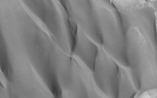 <h1>PIA04791:  Dark Sand Dunes</h1><div class="PIA04791" lang="en" style="width:674px;text-align:left;margin:auto;background-color:#000;padding:10px;max-height:150px;overflow:auto;">MGS MOC Release No. MOC2-509, 10 October 2003<p />This April 2003 Mars Global Surveyor (MGS) Mars Orbiter Camera (MOC) image shows dark sand dunes in a crater north of Syrtis Major near 27.1°N, 297.2°W. The steepest slopes on each dune face toward the bottom/lower left of the image, indicating that the dominant winds that influenced their formation came from the north (the top of the image). Layers are exposed in a butte at the lower right corner of the picture; this butte is a remnant of layered rock that once covered the entire crater floor on which the dunes occur. This picture covers an area 3 km (1.9 mi) wide and is illuminated by sunlight from the lower left.<br /><br /><a href="http://photojournal.jpl.nasa.gov/catalog/PIA04791" onclick="window.open(this.href); return false;" title="Voir l'image 	 PIA04791:  Dark Sand Dunes	  sur le site de la NASA">Voir l'image 	 PIA04791:  Dark Sand Dunes	  sur le site de la NASA.</a></div>