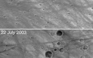 <h1>PIA05122:  A Dynamic Spirit Site</h1><div class="PIA05122" lang="en" style="width:799px;text-align:left;margin:auto;background-color:#000;padding:10px;max-height:150px;overflow:auto;">5 January 2004 <br /> Two Mars Global Surveyor (MGS) Mars Orbiter Camera (MOC) images acquired before the spectacular January 2004 landing of the Mars Exploration Rover (MER-A), Spirit, show the area where the lander is currently believed to have touched down. The identification of the area shown in the two pictures above is based on the pictures acquired by Spirit's descent imaging system just before landing. The lower picture was obtained by MGS MOC on 22 July 2003, the upper picture was acquired less than a month ago on 10 December 2003. What is exciting about these two pictures is the differences in the patterns of dark, squiggly streaks. These streaks are believed to have been caused by the removal of bright dust by large, passing dust devils. Comparison of the picture from July 2003 with that of December 2003 show that a different dark streak pattern developed over a period of less than 5 months.<p />These two MOC images suggest that the landing site is a dynamic, changing place on the time scale of several months. MGS MOC has never seen a dust devil occur in <a href="/catalog/PIA0PIA05119">Gusev Crater</a>, the location of the <a href="/catalog/PIA0PIA05120">Spirit landing site</a>. MGS always flies over Gusev around 2 p.m. local time, so this means that dust devils are not believed to be common around 2 p.m. However, the changes in the dark streaks suggest that dust devils definitely have occurred in Gusev Crater over the past 5 to 6 months, and they most likely occur earlier than 2 p.m. (perhaps closer to local 1 p.m. or noon).<p />These two MOC images are simple cylindrical map projections (rotated somewhat; note the north arrow, N) at a scale of about 3 meters per pixel (~10 ft/pixel); the 300 meter scale bar is about two-tenths of a mile long. The images are located near 14.7°S, 184.6°W, and are illuminated from the left.<br /><br /><a href="http://photojournal.jpl.nasa.gov/catalog/PIA05122" onclick="window.open(this.href); return false;" title="Voir l'image 	 PIA05122:  A Dynamic Spirit Site	  sur le site de la NASA">Voir l'image 	 PIA05122:  A Dynamic Spirit Site	  sur le site de la NASA.</a></div>