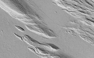<h1>PIA05320:  Yardangs in Gordii Dorsum Region</h1><div class="PIA05320" lang="en" style="width:601px;text-align:left;margin:auto;background-color:#000;padding:10px;max-height:150px;overflow:auto;">19 February 2004 <br />Yardangs are wind erosion features shaped somewhat like inverted boat hulls. Yardangs are common on Mars, as wind is the most erosive agent acting today on this desert planet. This Mars Global Surveyor (MGS) Mars Orbiter Camera (MOC) image shows an example located in the vicinity of the Gordii Dorsum near 4.2°S, 159.9°W. Sunlight illuminates the scene from the lower left; the picture covers an area 3 km (1.9 mi) wide.<br /><br /><a href="http://photojournal.jpl.nasa.gov/catalog/PIA05320" onclick="window.open(this.href); return false;" title="Voir l'image 	 PIA05320:  Yardangs in Gordii Dorsum Region	  sur le site de la NASA">Voir l'image 	 PIA05320:  Yardangs in Gordii Dorsum Region	  sur le site de la NASA.</a></div>