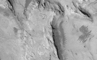 <h1>PIA05537:  Layered Rock in West Candor</h1><div class="PIA05537" lang="en" style="width:800px;text-align:left;margin:auto;background-color:#000;padding:10px;max-height:150px;overflow:auto;">11 March 2004 <br />West Candor Chasma, one of the troughs of the vast Valles Marineris system, presents some of the largest areas covered by outcrops of light-toned, layered rock on Mars. This Mars Global Surveyor (MGS) Mars Orbiter Camera (MOC) image shows an example located in west Candor near 6.1°S, 76.7°W. Hundreds of layers are exposed in this area. The dark ripples are believed to be just that--dark patches of windblown sediment shaped into rippled forms. Sunlight illuminates the scene from the lower left; the high resolution image covers an area 3 km (1.9 mi) wide.<br /><br /><a href="http://photojournal.jpl.nasa.gov/catalog/PIA05537" onclick="window.open(this.href); return false;" title="Voir l'image 	 PIA05537:  Layered Rock in West Candor	  sur le site de la NASA">Voir l'image 	 PIA05537:  Layered Rock in West Candor	  sur le site de la NASA.</a></div>